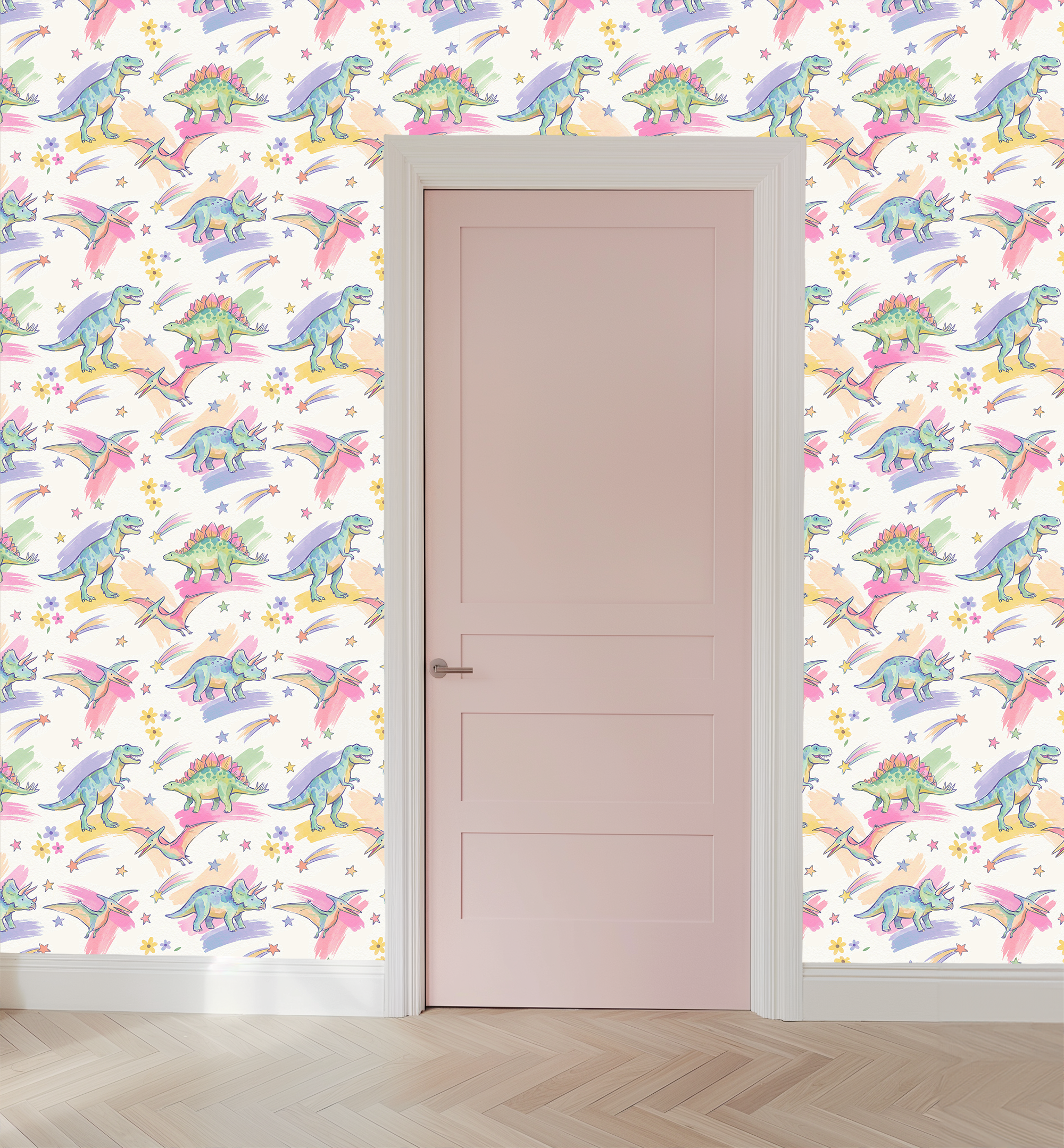Door with colorful dinosaur patterned wallpaper on a white wall.