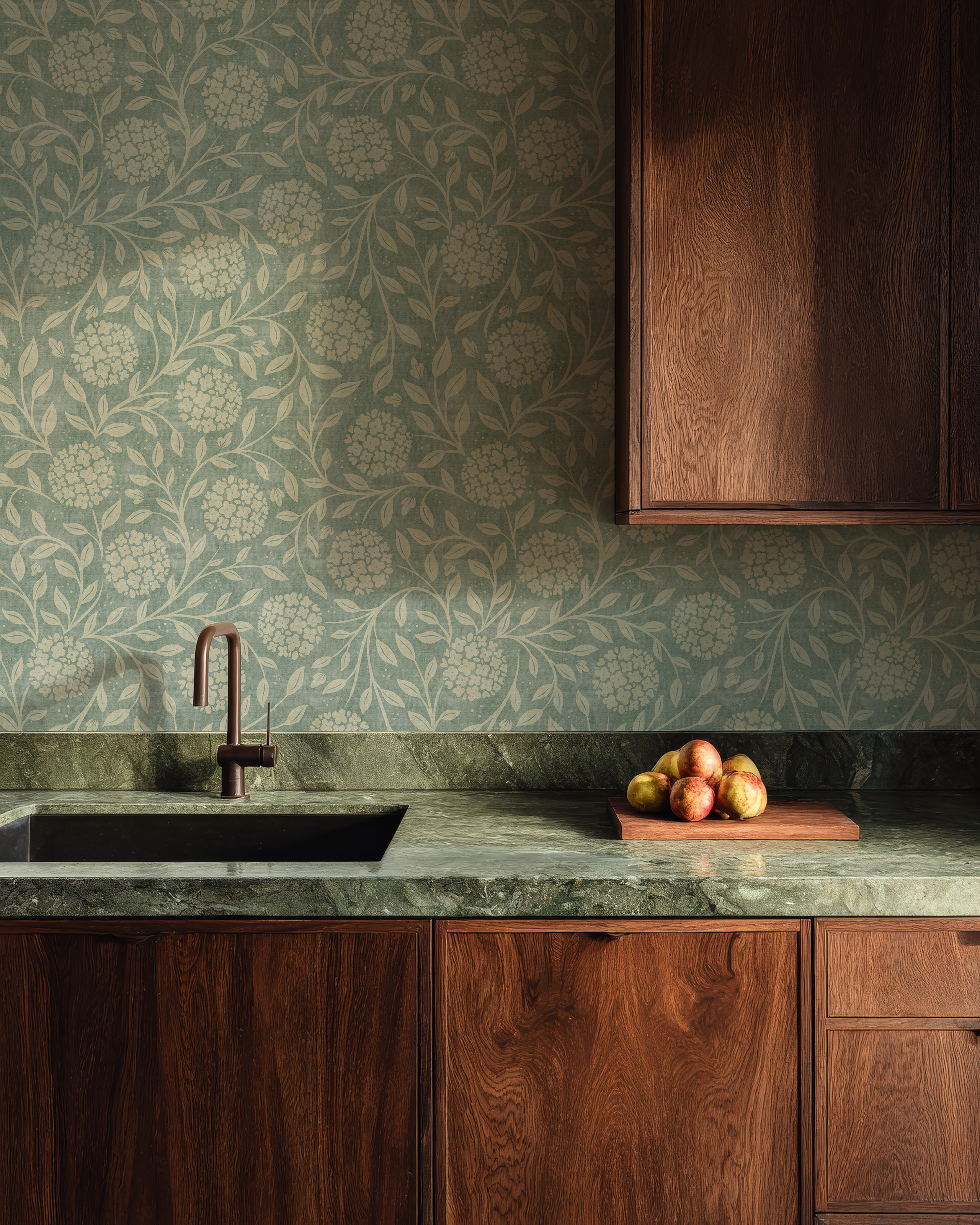 Robin Bloom Peel and Stick Kitchen Wallpaper with vintage floral pattern and soft blue green botanical design