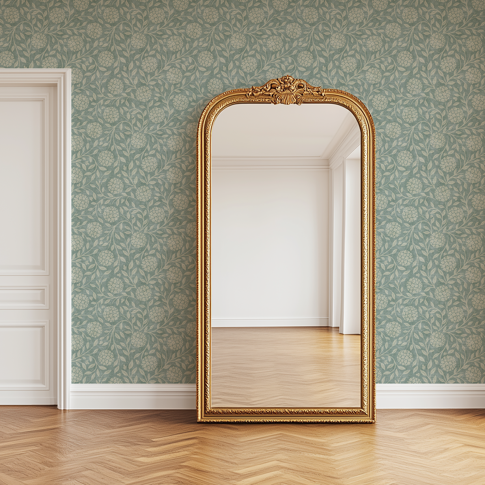 Robin Bloom Wallpaper in elegant room with gold mirror and vintage blue green floral wallpaper