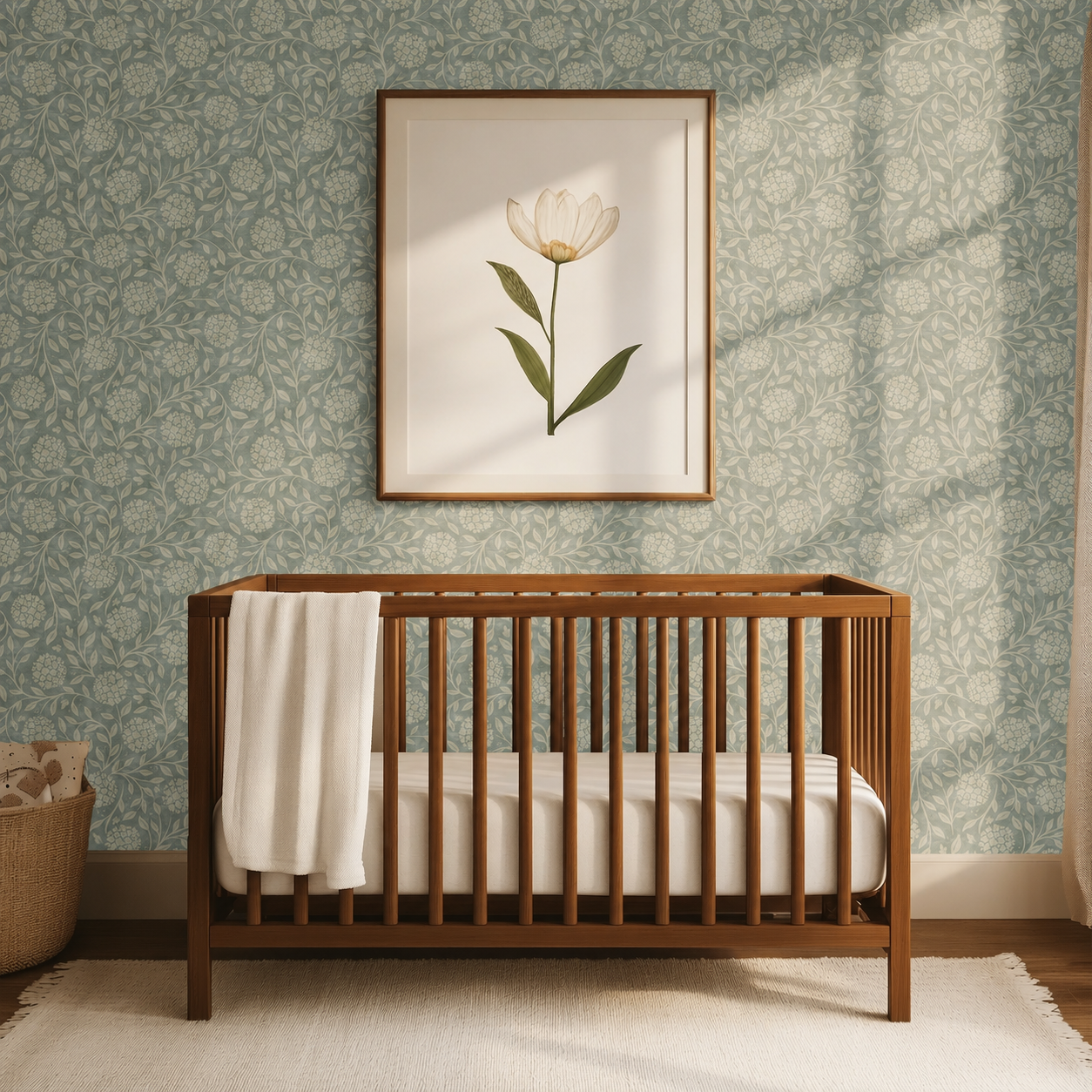 Robin Bloom Wallpaper in nursery with wooden crib and soft blue green floral vine wallpaper