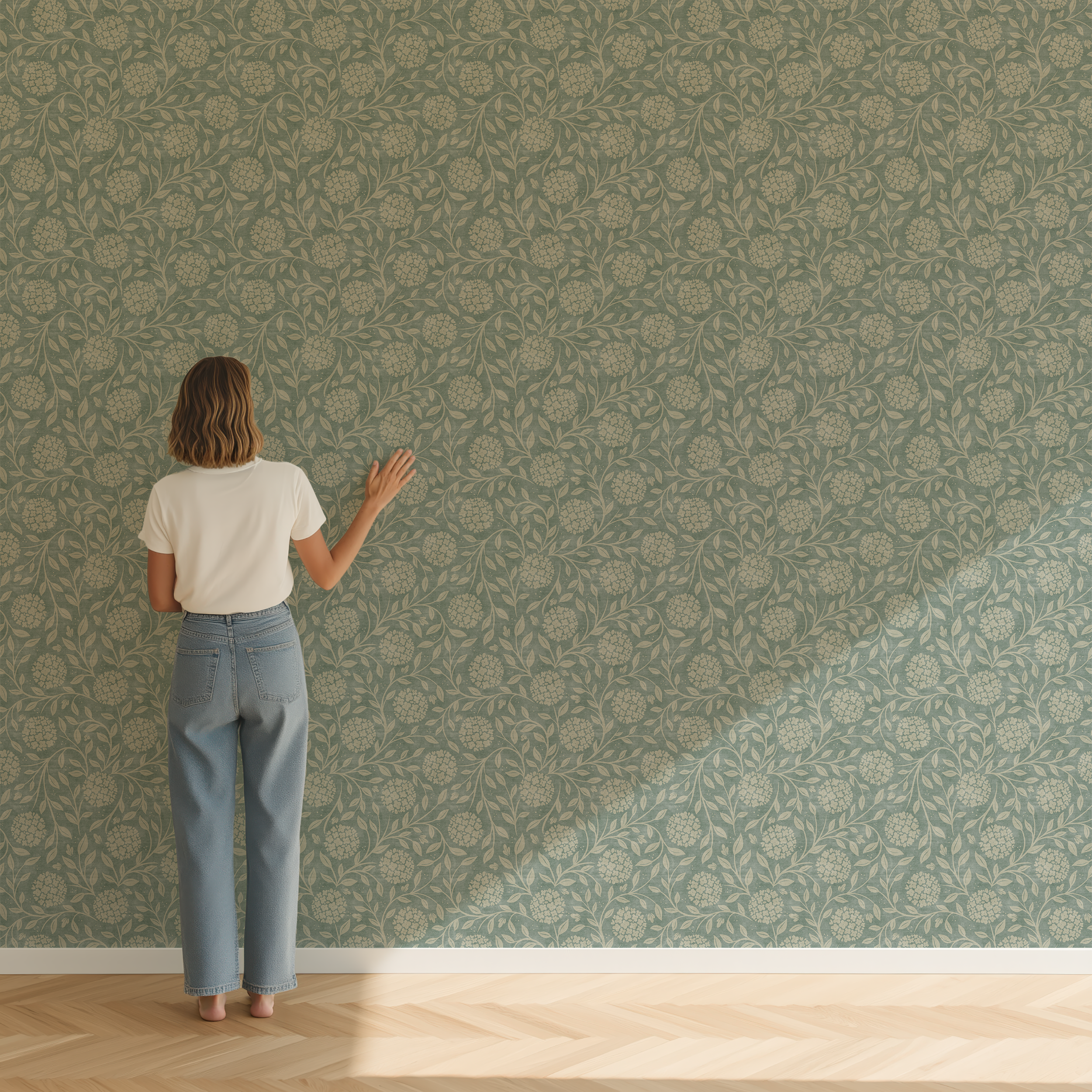 Robin Bloom Wallpaper sample featuring blue green floral wallpaper with trailing vines and delicate white flower clusters