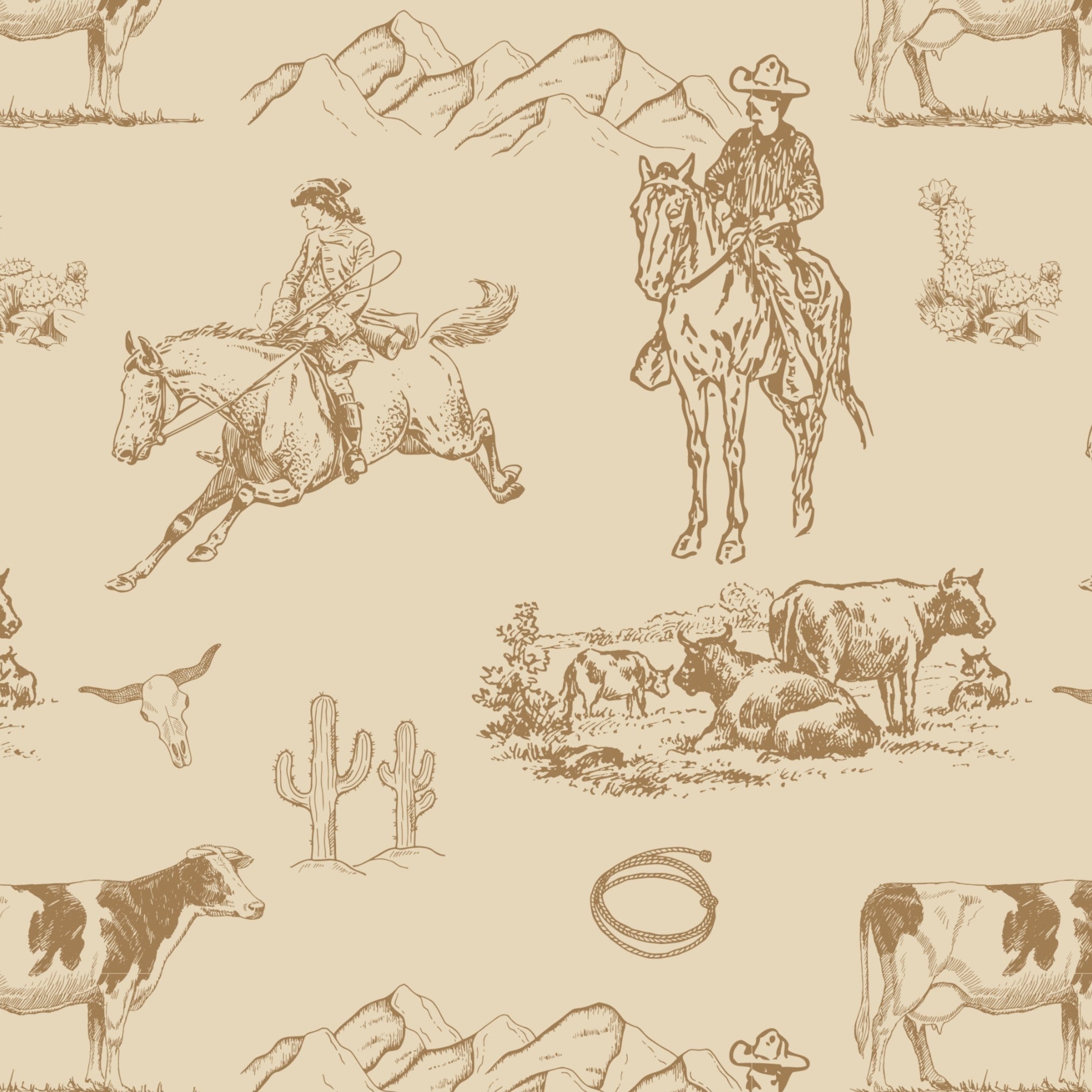 Western toile wallpaper pattern featuring cowboys on horseback, cattle, cactus and mountains in warm saddle brown on beige