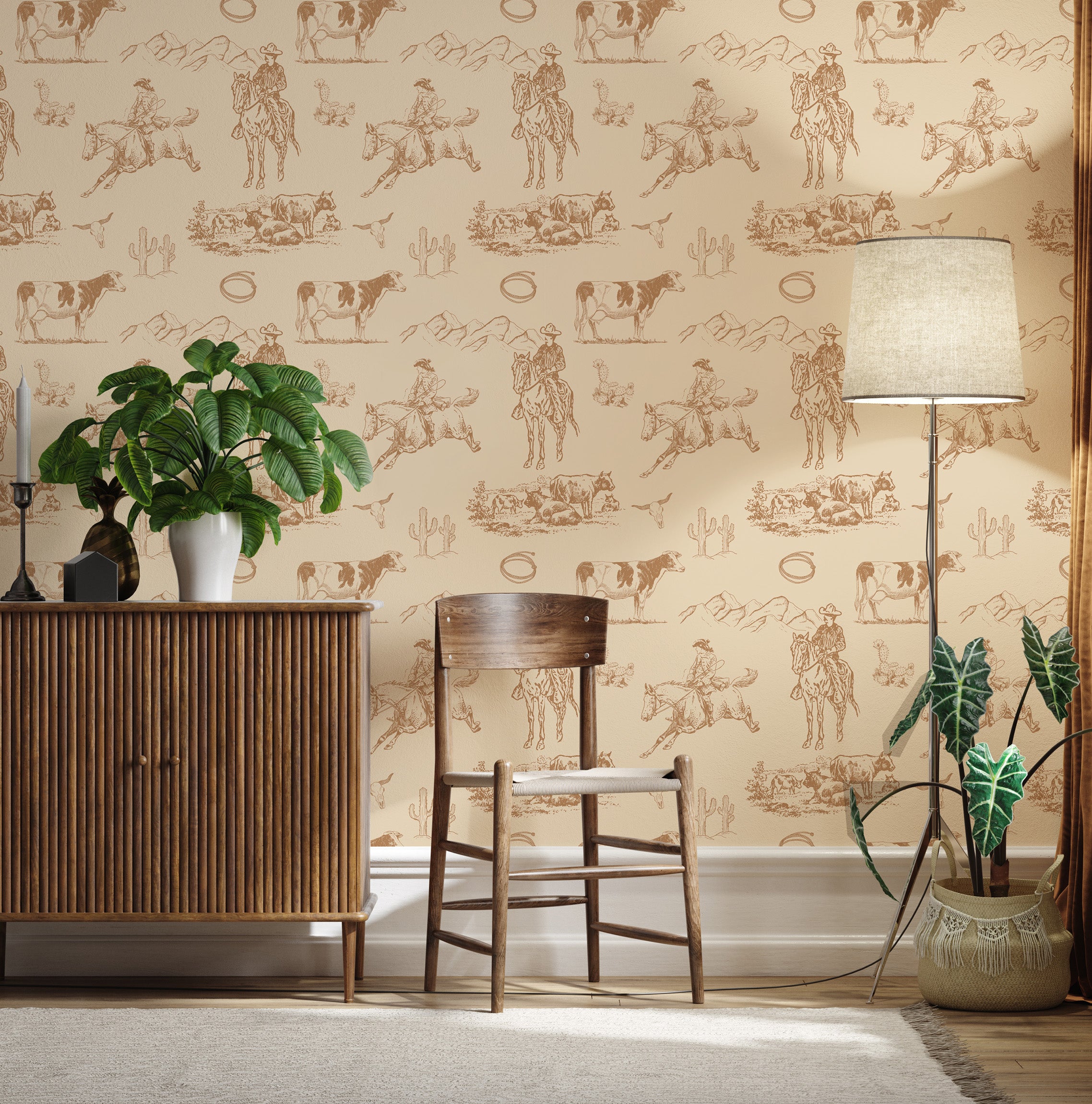 Vintage western wallpaper with ranch scenes, horses, cows and rope details in soft sage beige living room