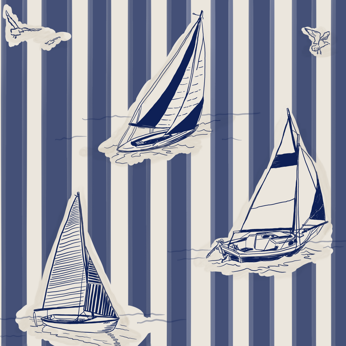 Close up of blue and cream sailboat wallpaper with hand drawn sailing boats, seabirds and vertical stripes