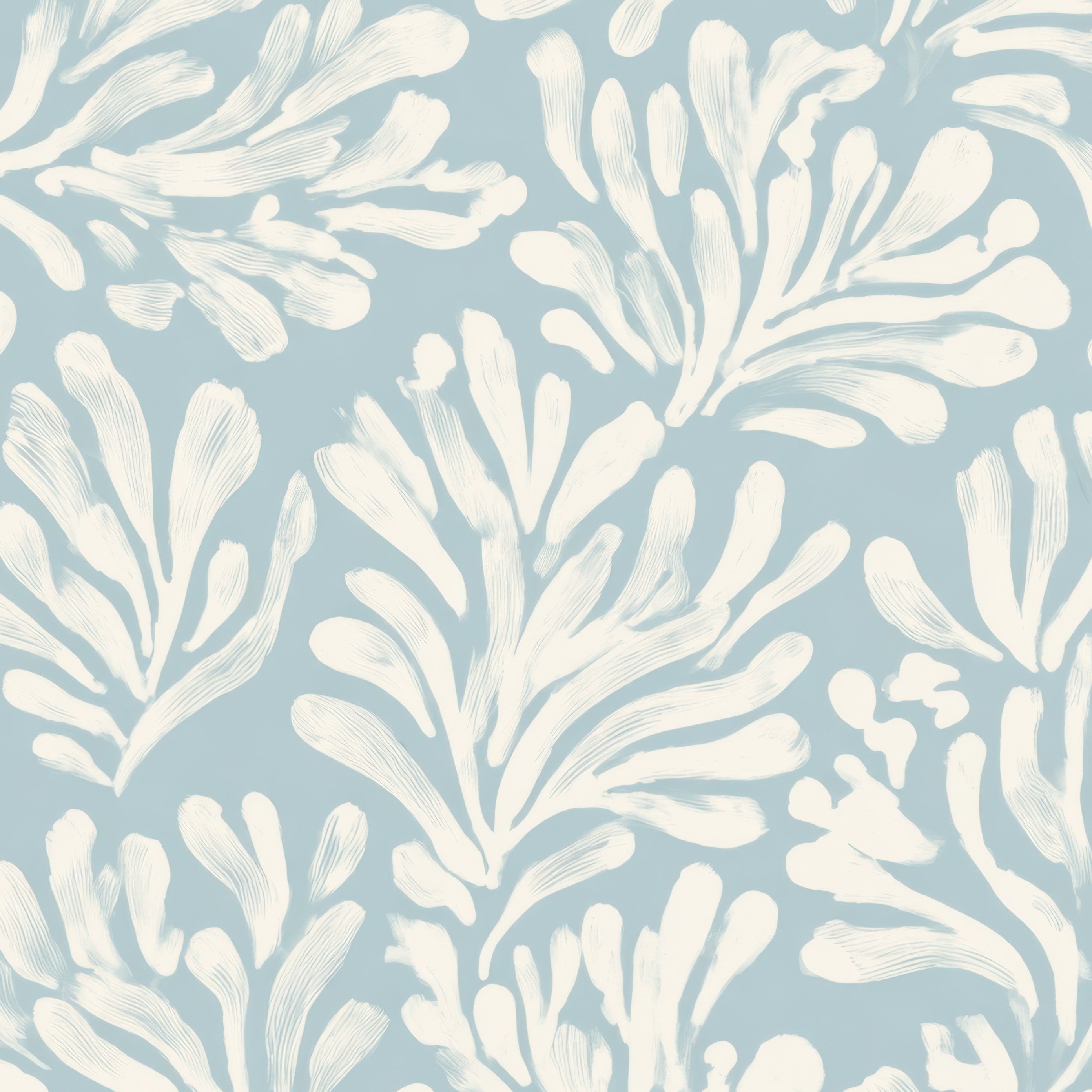 A repeating botanical pattern featuring off-white coral or seaweed-like motifs on a light blue background.
