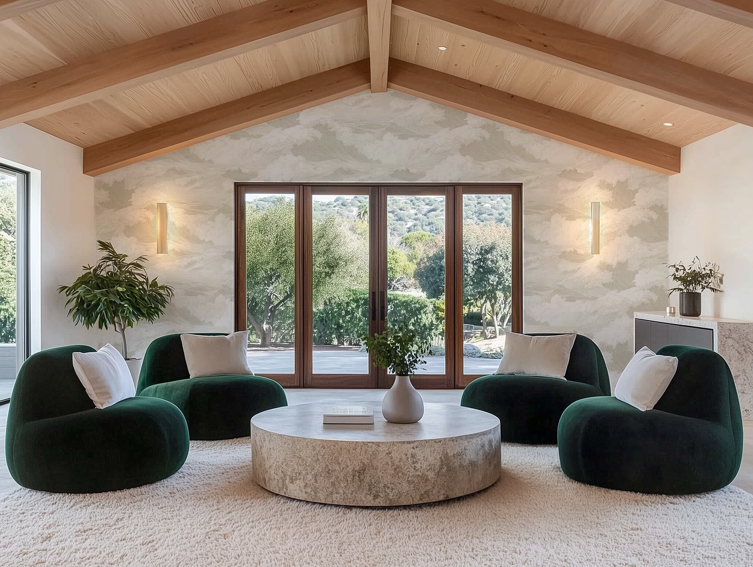 Sand Japandi Tide wallpaper in vaulted living room, warm neutral coastal wallpaper with organic movement