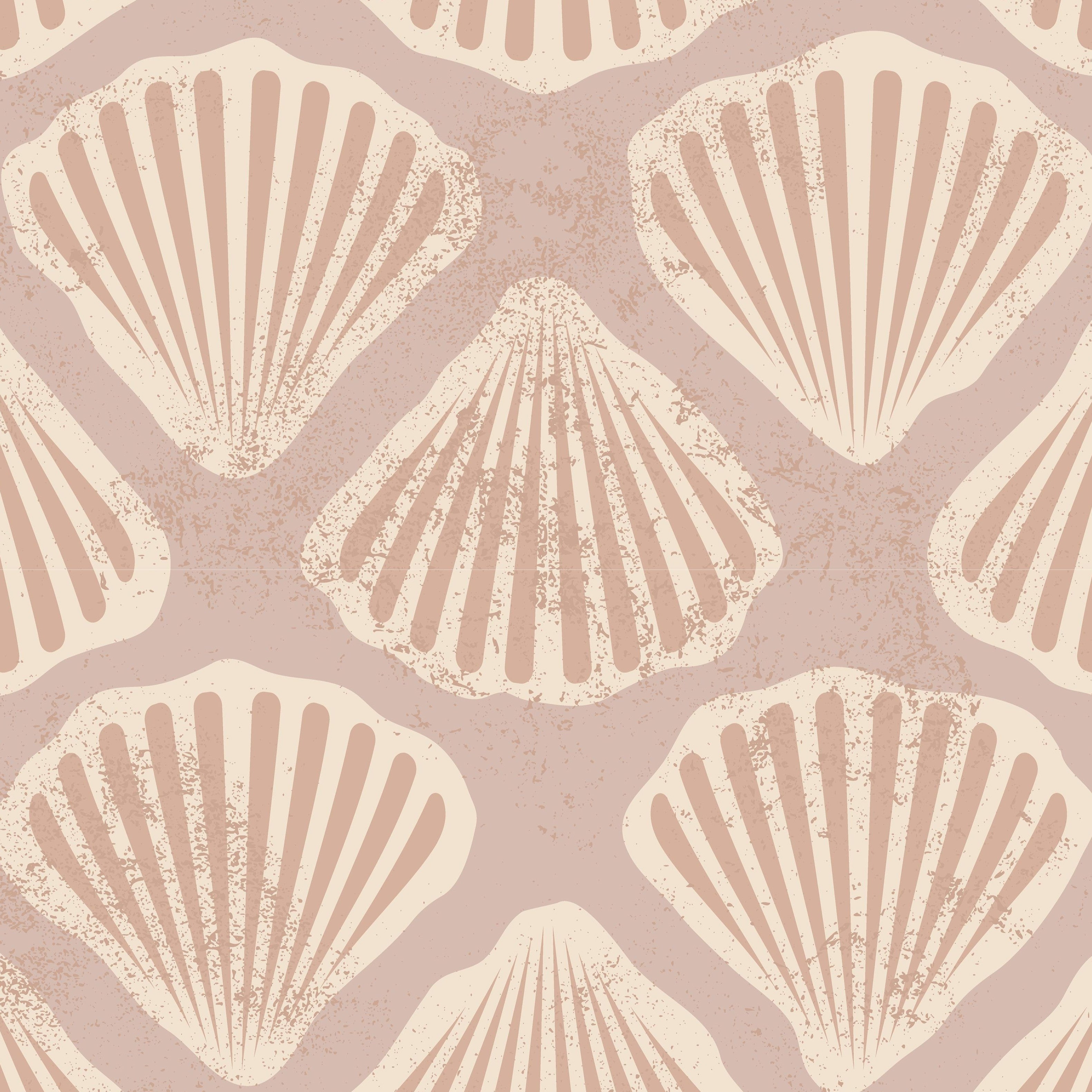 Close up of sandy scallop shell wallpaper pattern in pink, cream, and beige tones