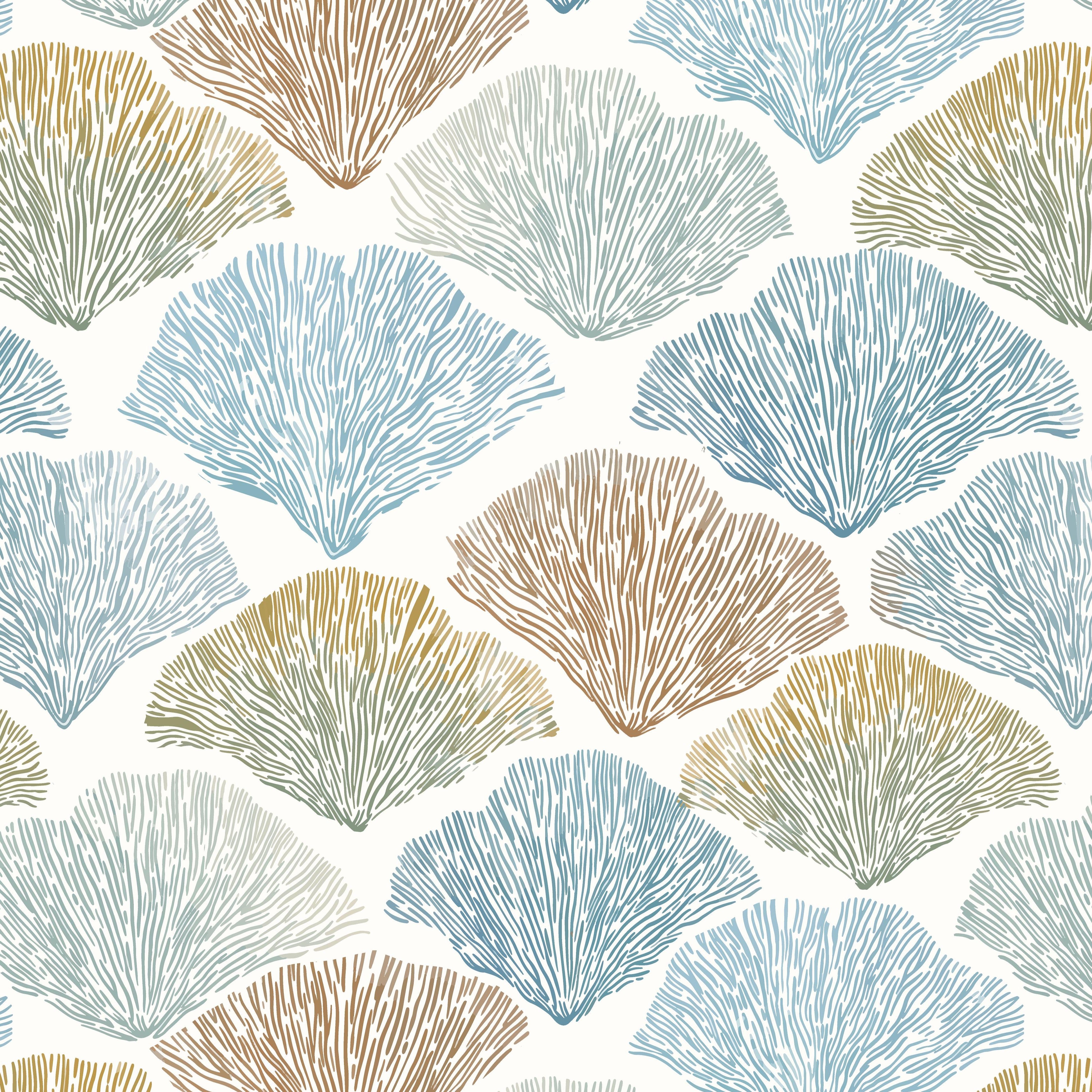 sample view of seabreeze shell wallpaper showing repeating fan shell pattern in soft coastal colors