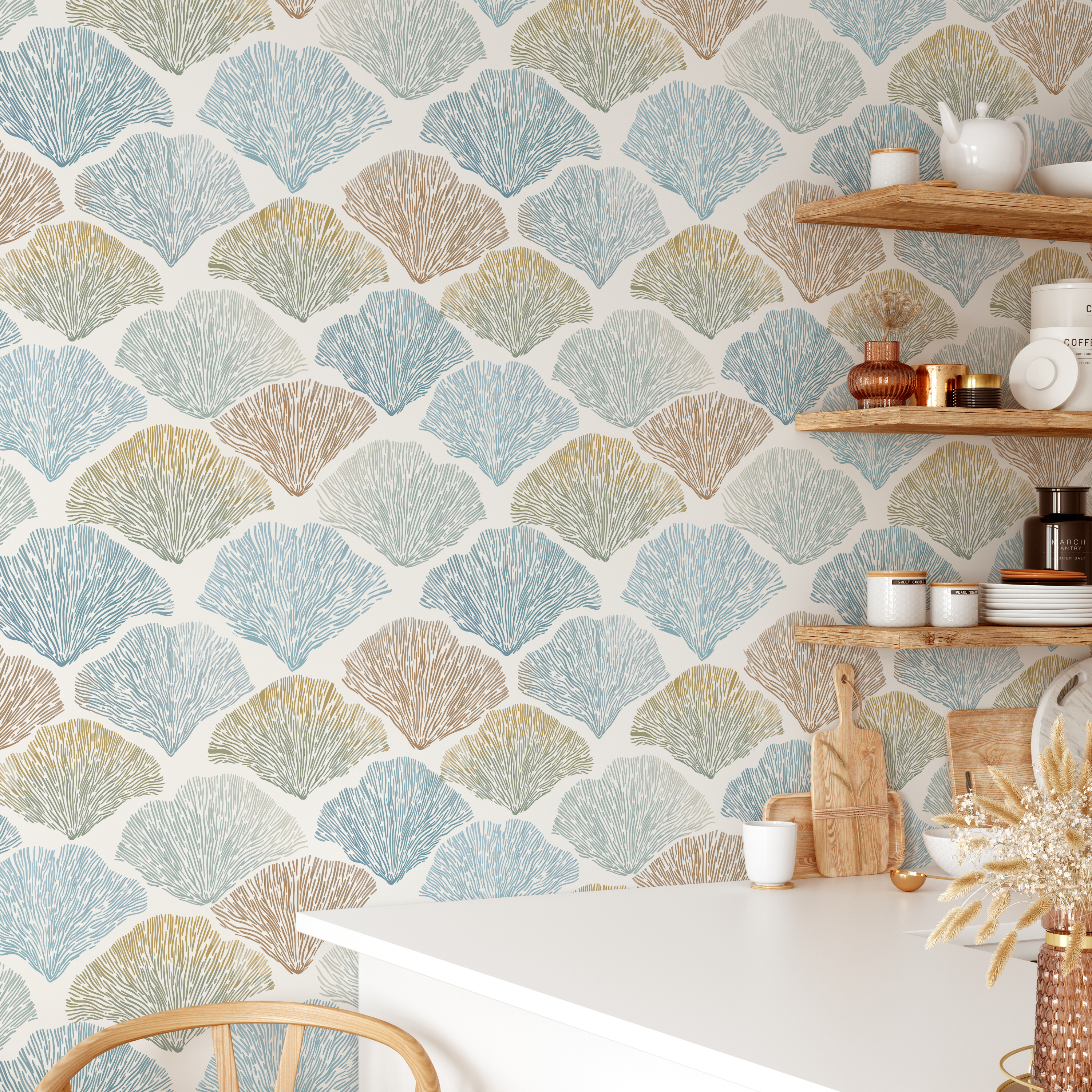 coastal kitchen wallpaper with shell pattern, beach house wall decor with wood shelves and neutral styling