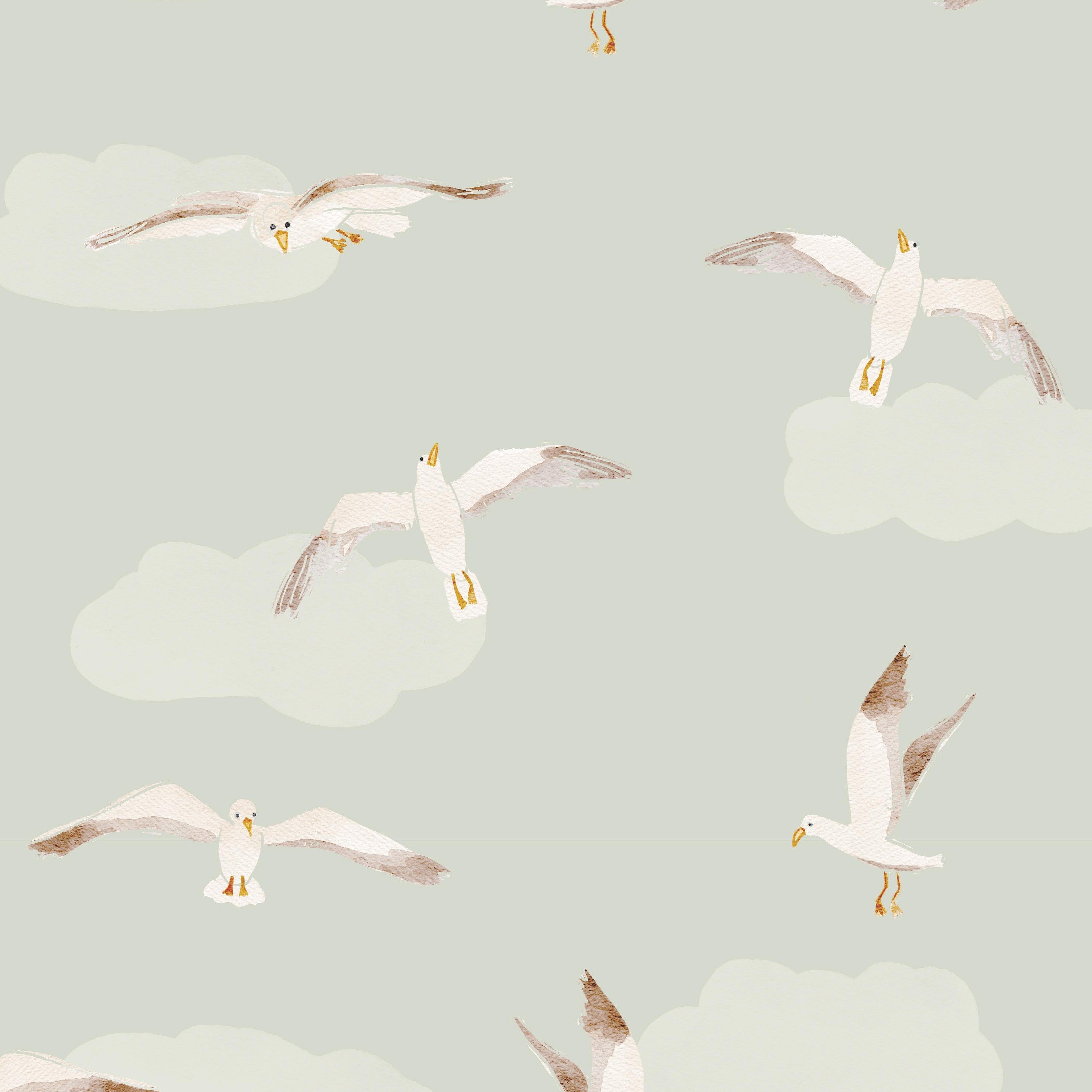 Seagulls in Flight wallpaper featuring watercolor seagulls soaring among soft clouds on a muted sage green background