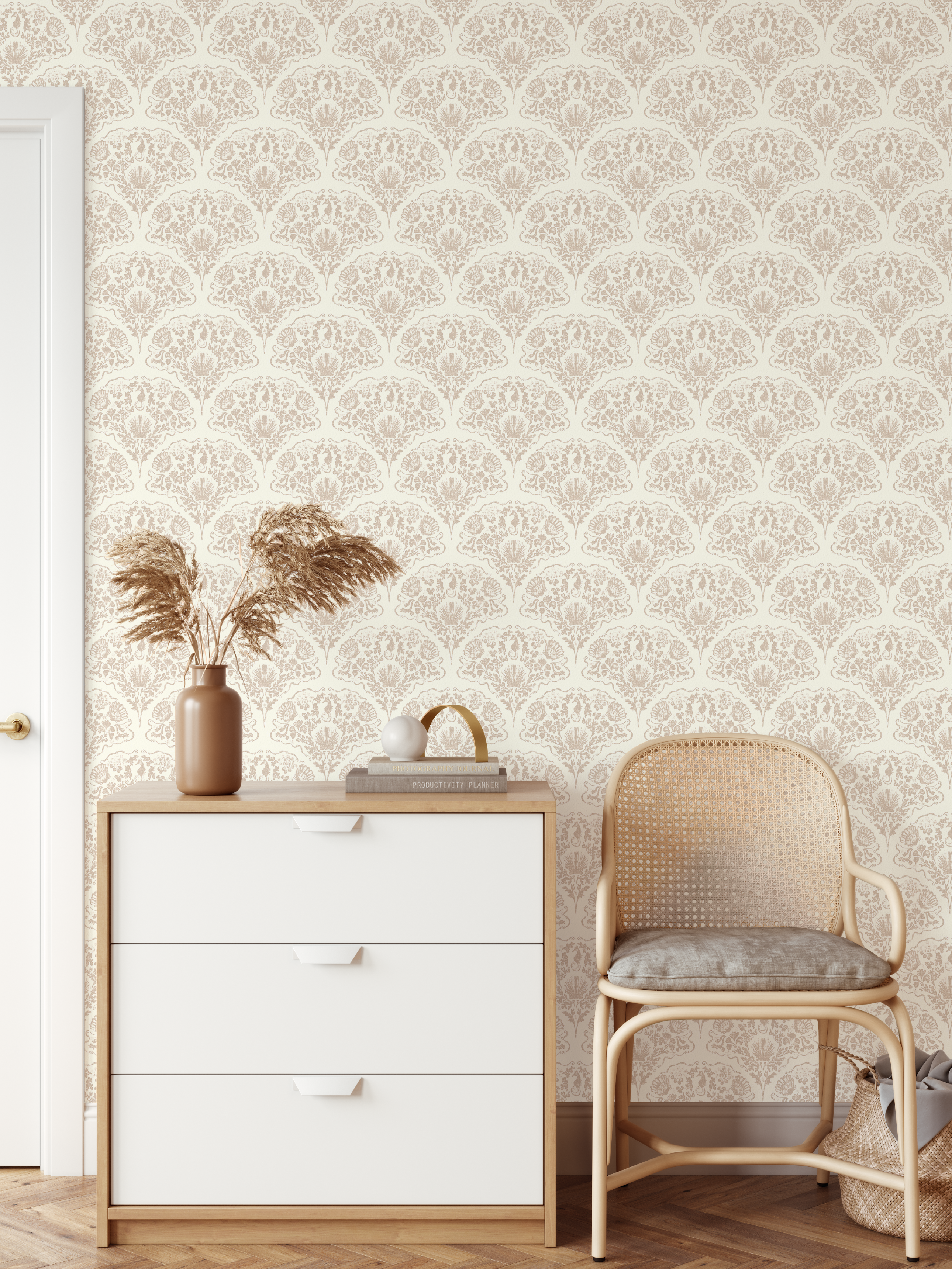 Seahorse wallpaper in a neutral room with woven chair and soft beige decor for a beach house look