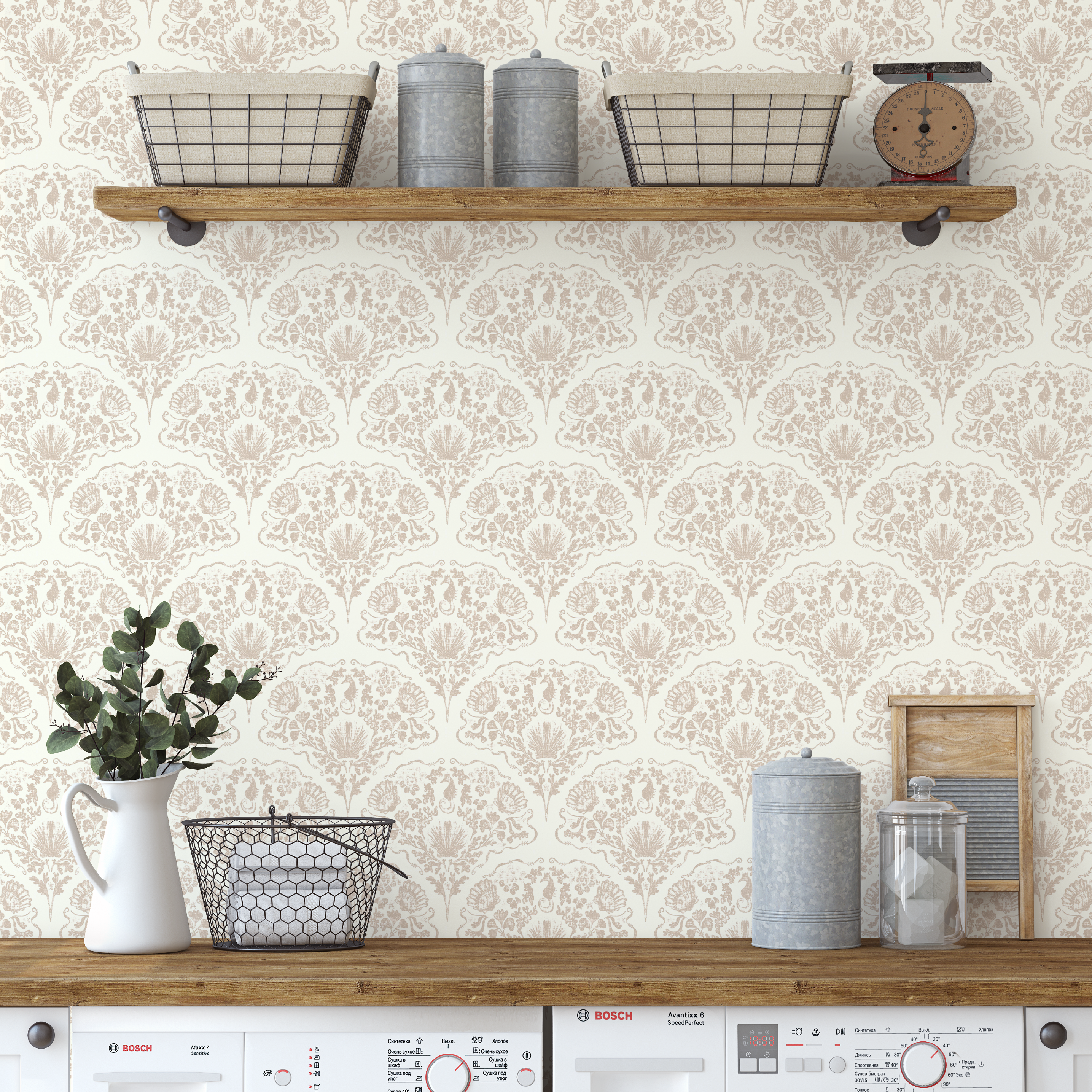 Coastal damask wallpaper styled in a laundry room with wood shelves and neutral decor accents