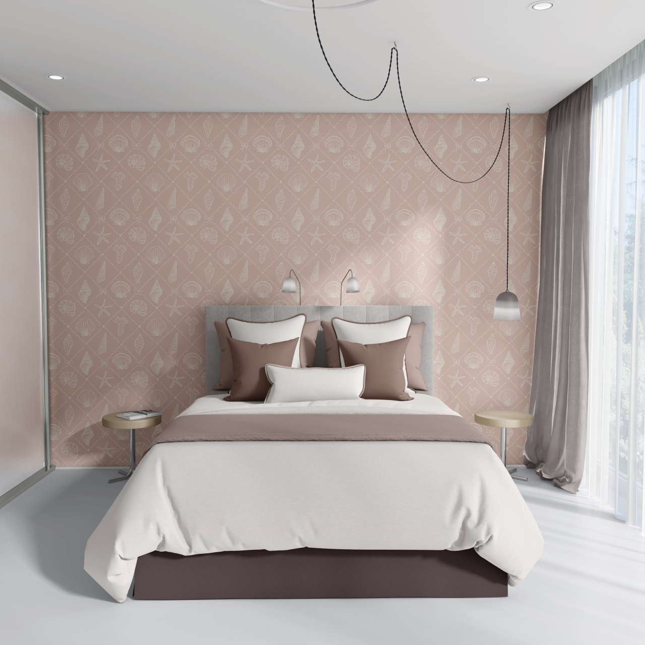 pink seashell wallpaper in coastal bedroom with neutral bedding, seaside shell pattern wallpaper accent wall