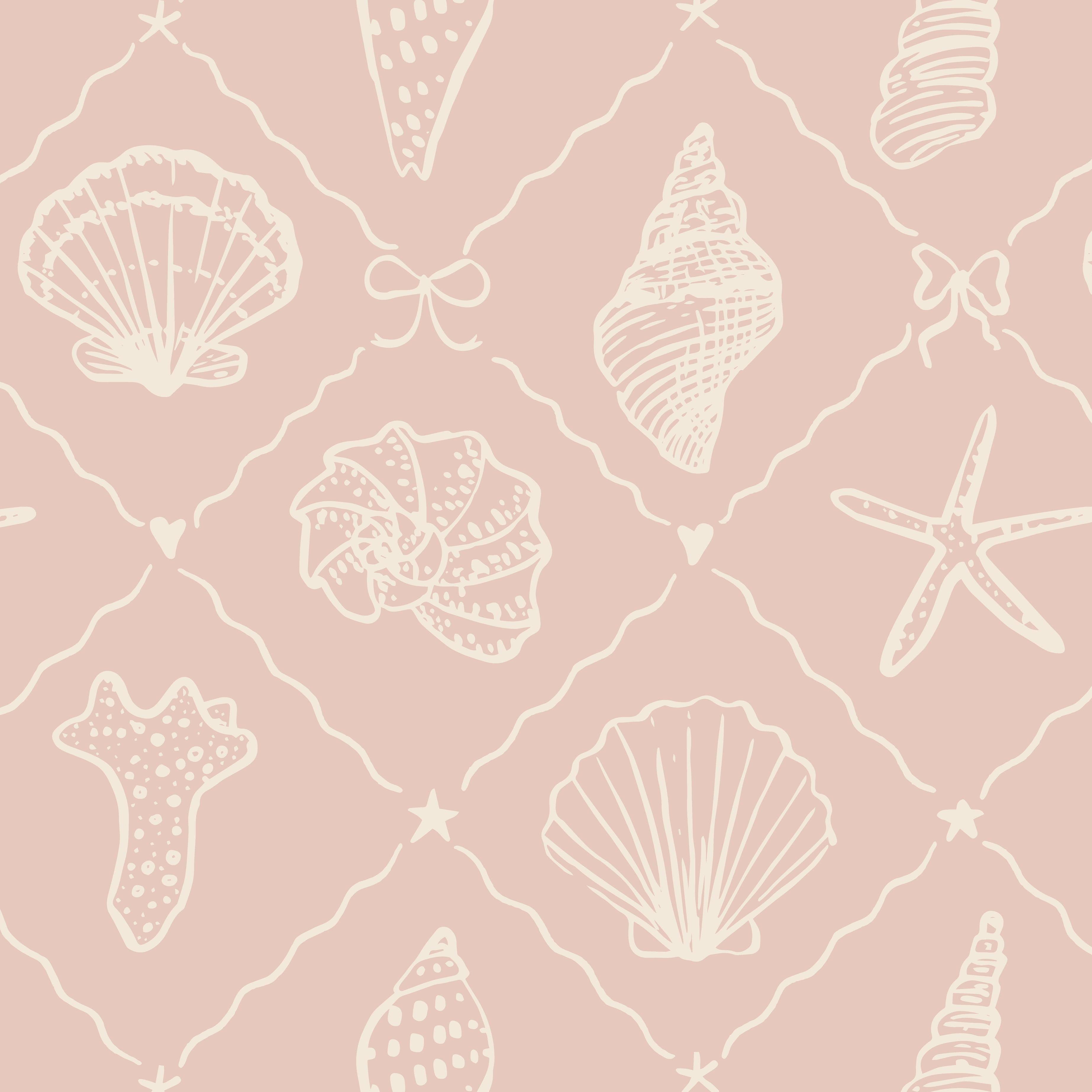 sample view of pink coastal wallpaper pattern with seashells and starfish in repeating diamond layout