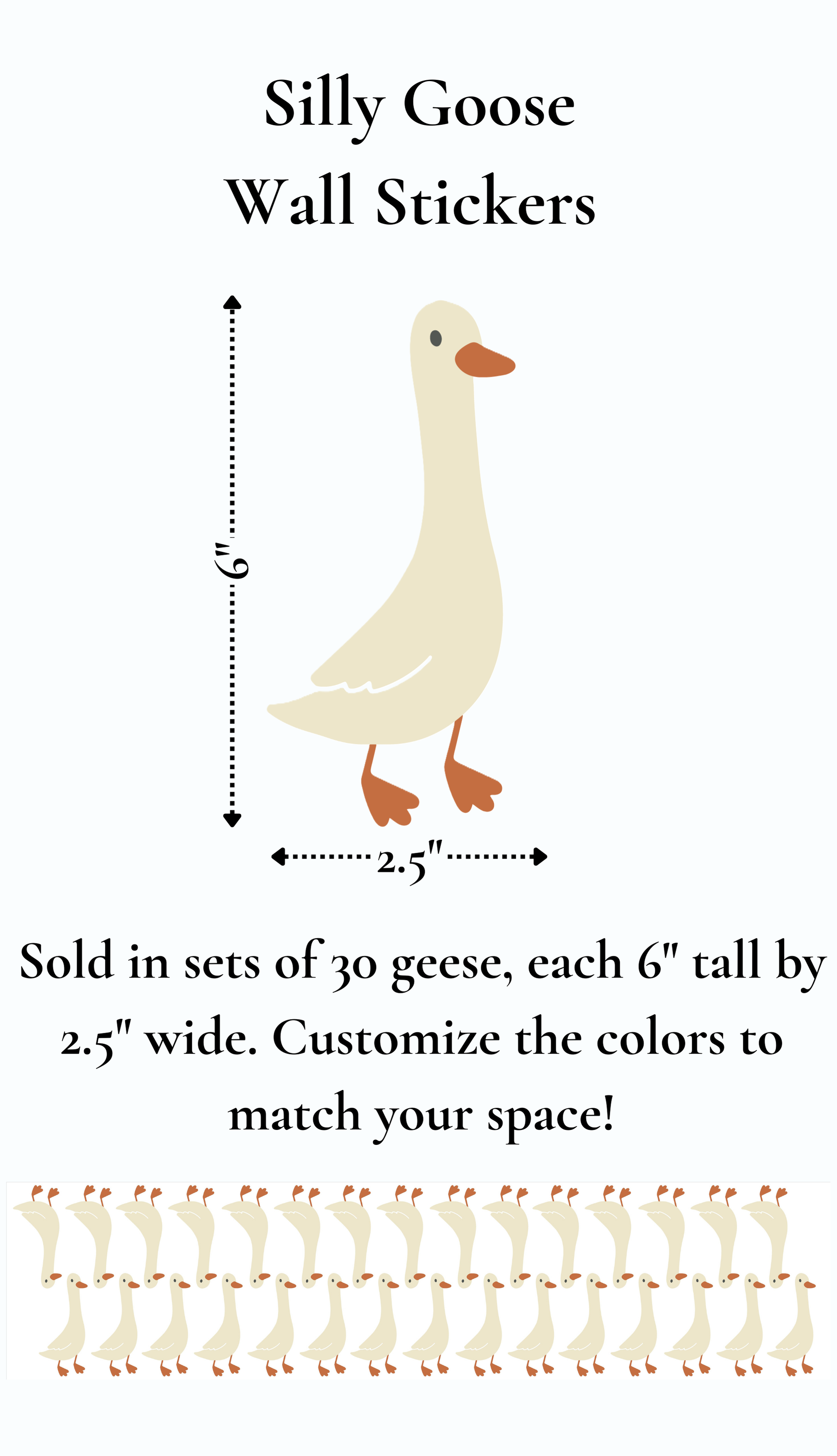 Silly Goose wall sticker set with measurements, showing 30 decals each 6x2.5 inches.