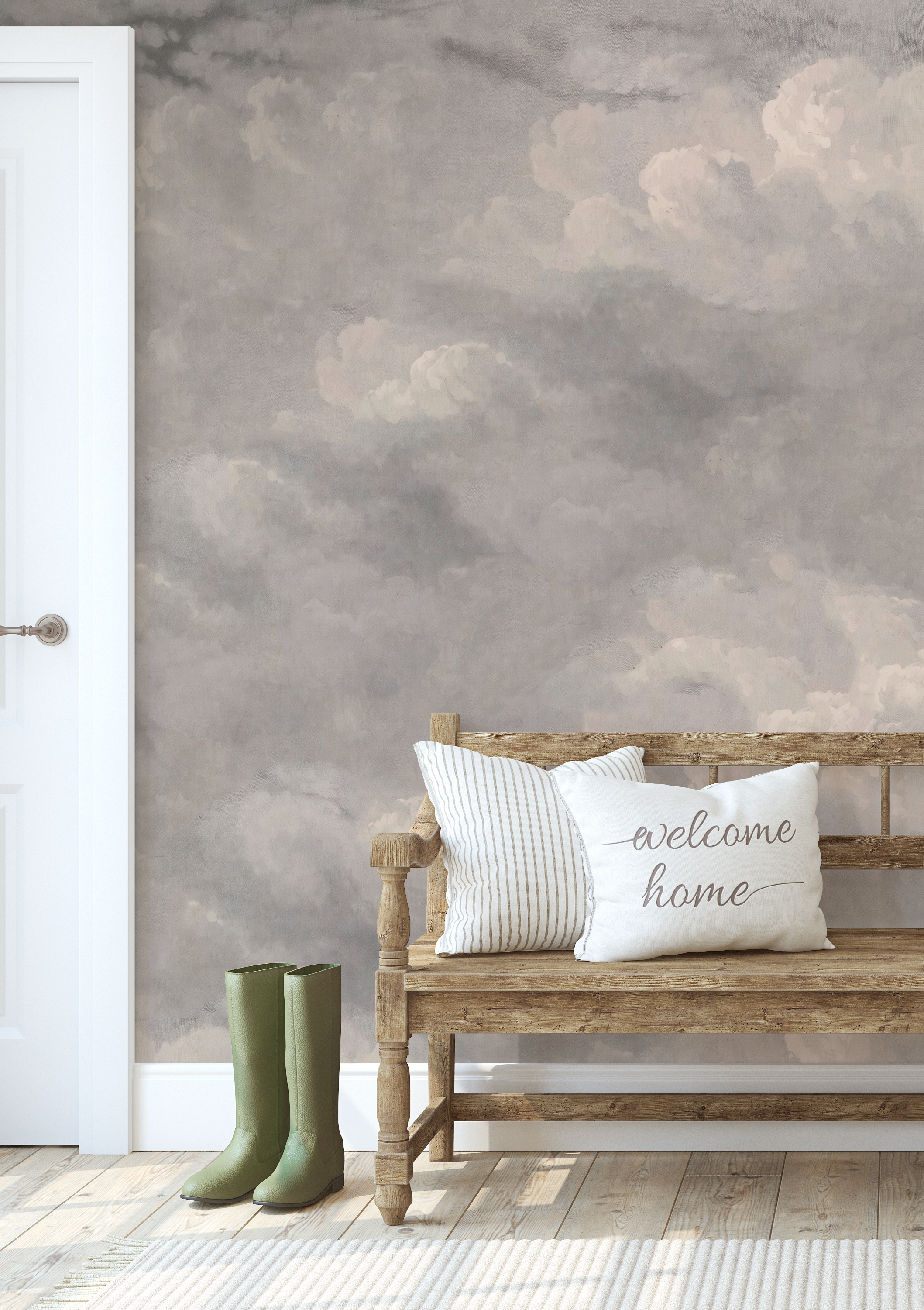Grey cloud wallpaper mural installed in an entryway with a rustic wood bench and neutral decor