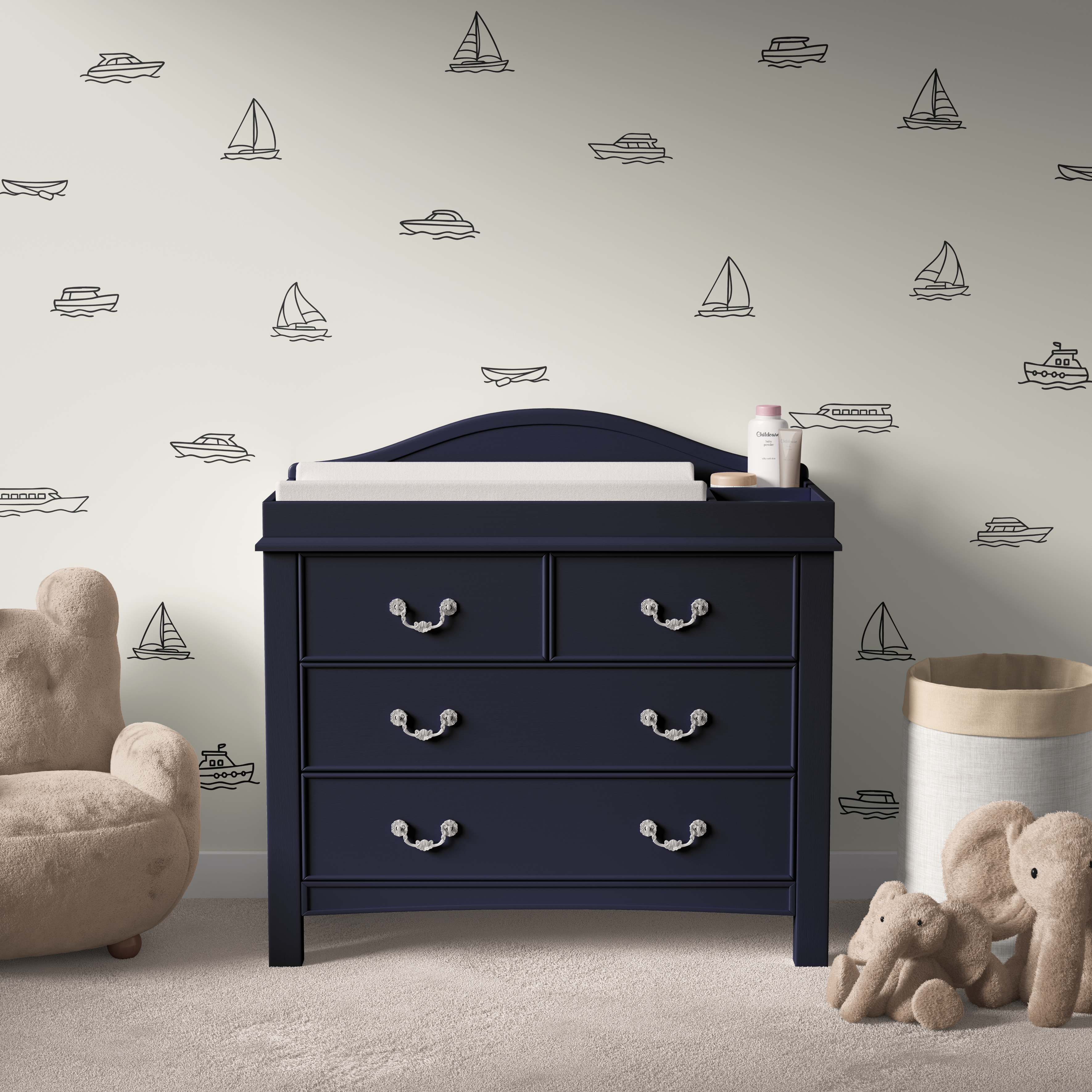 Boat decals on full nursery wall with sailboats and yachts,minimalist nautical wall decals for kids’ bedroom or coastal lake house.