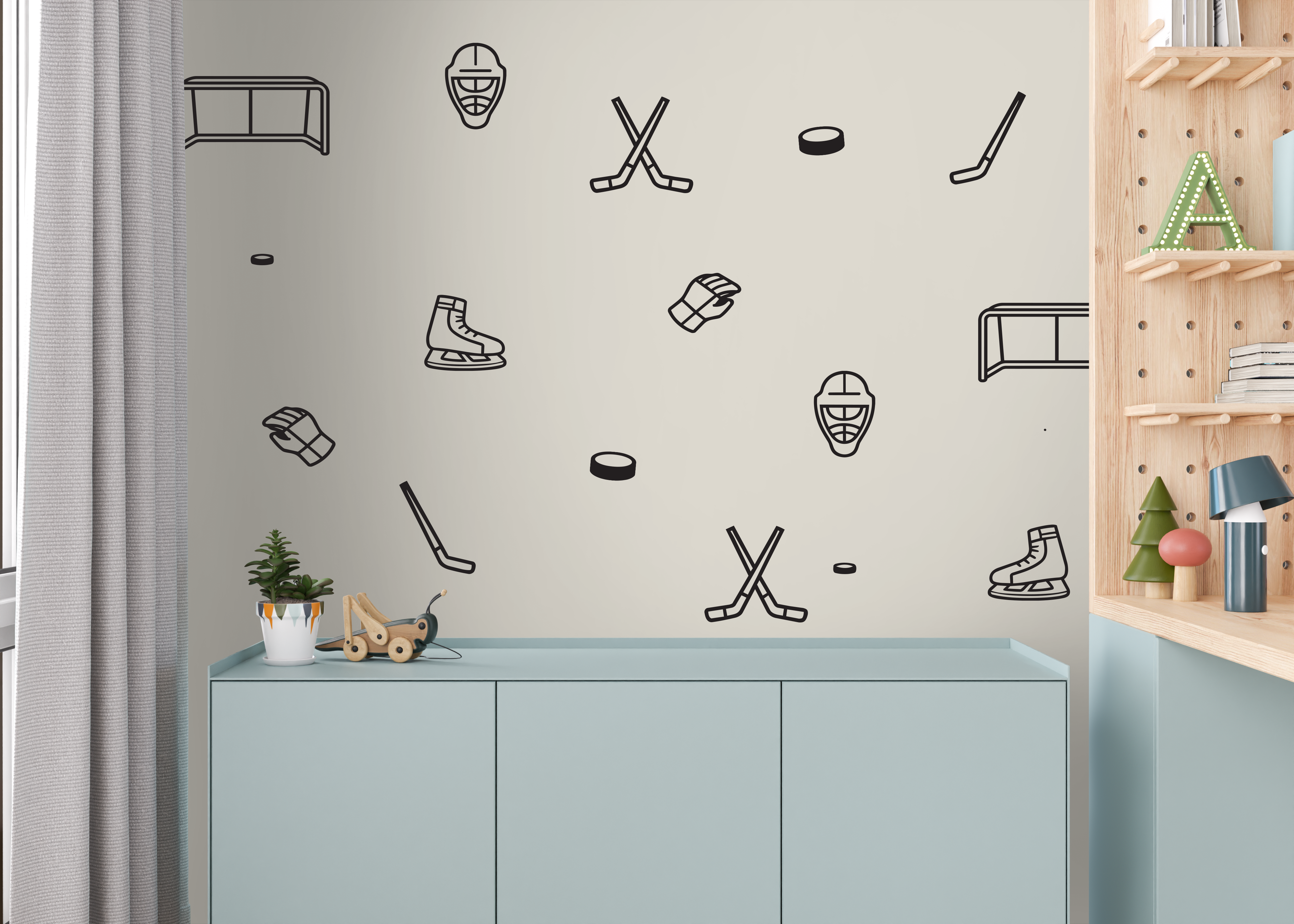 Black outline hockey wall decals decorating a modern playroom with hockey sticks, pucks, goalie masks, skates, gloves and hockey net decals.