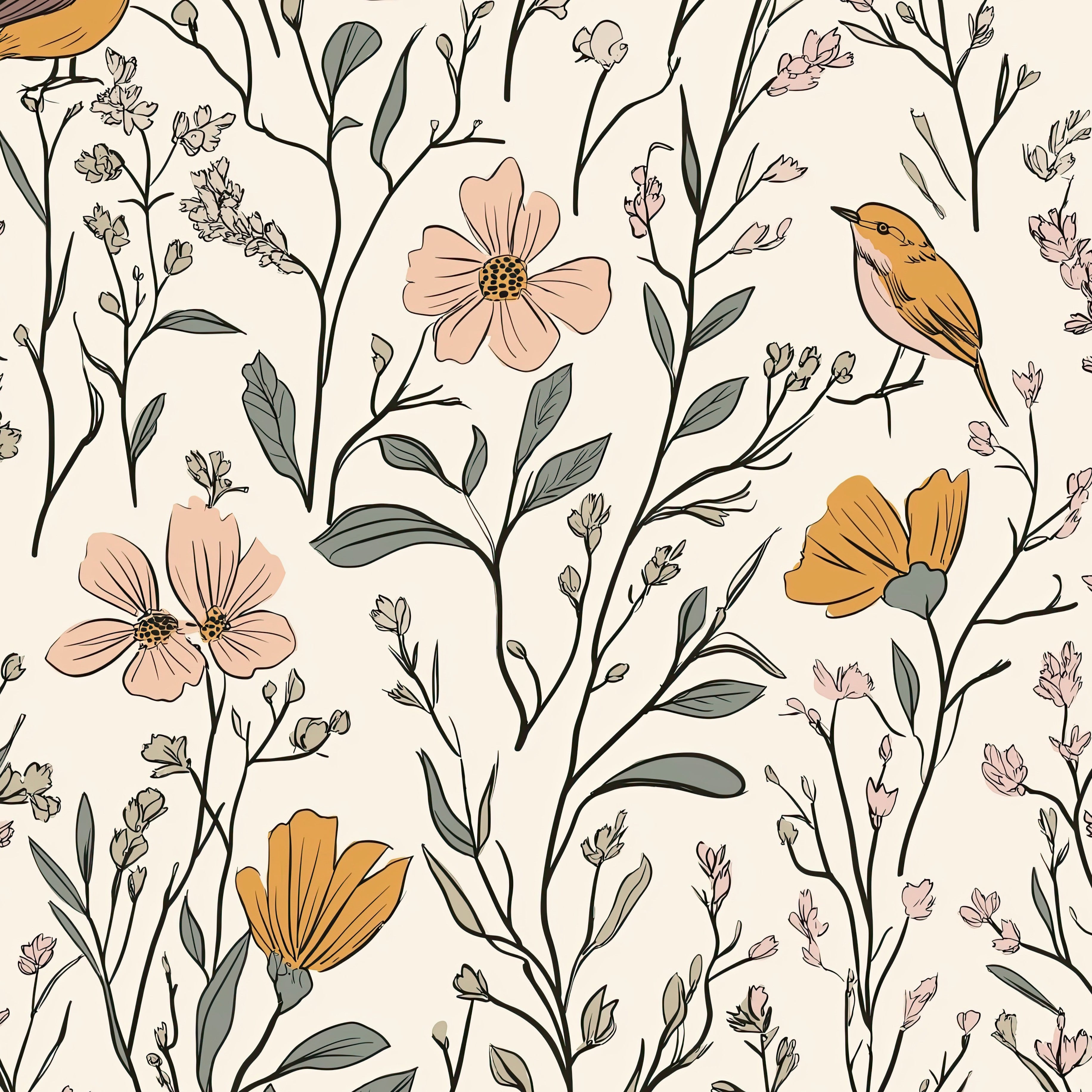 Pattern swatch of Songbird Meadow wallpaper featuring illustrated flowers, leaves, and small birds on a cream background