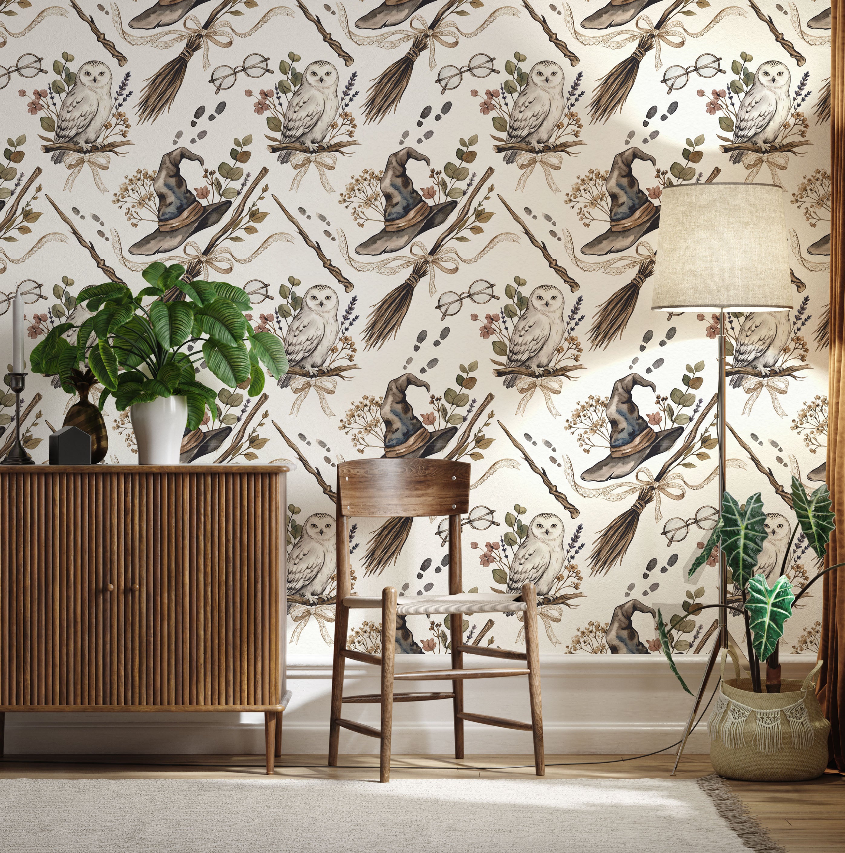 Room interior with owl-themed wizard wallpaper, wooden furniture, and plants.