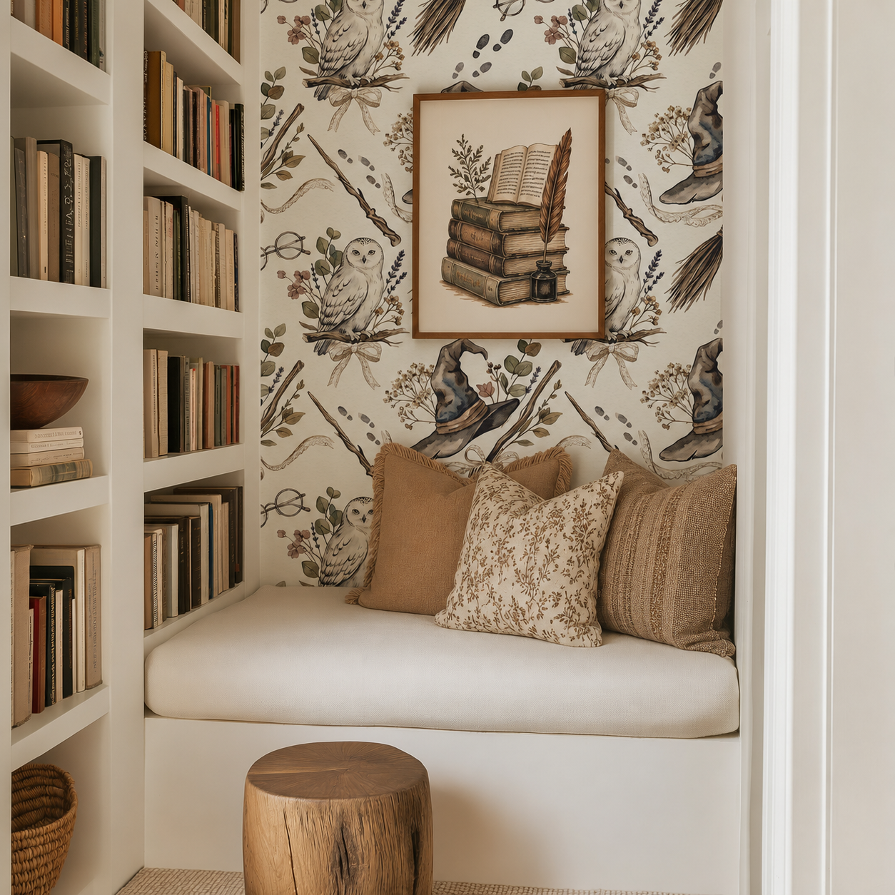 Cozy nook with bookshelf, cushioned seat, and decorative wall art. Wizarding world themed reading nook