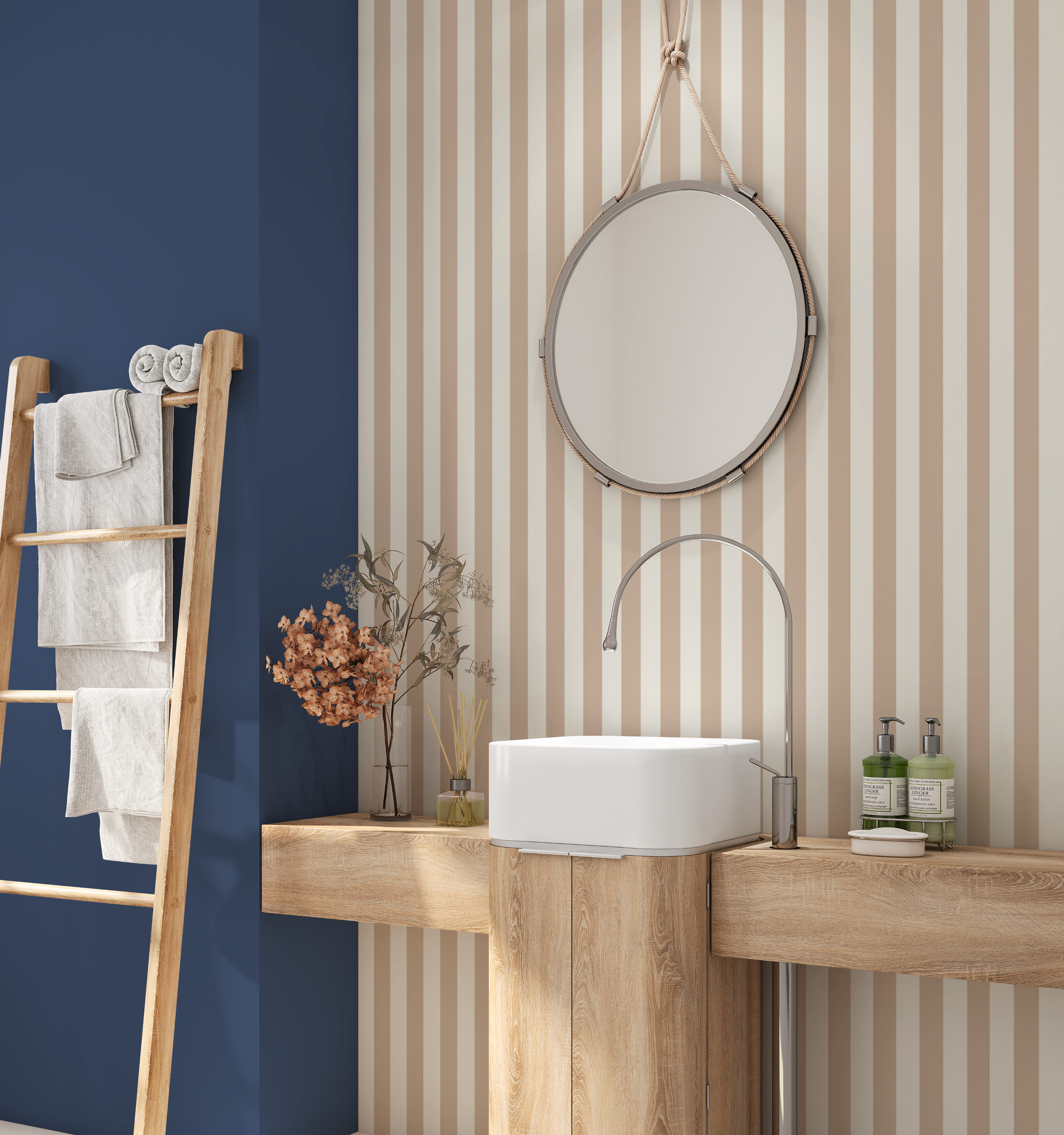 Sandstone beige and cream stripe wallpaper in a modern bathroom with wood vanity and round mirror