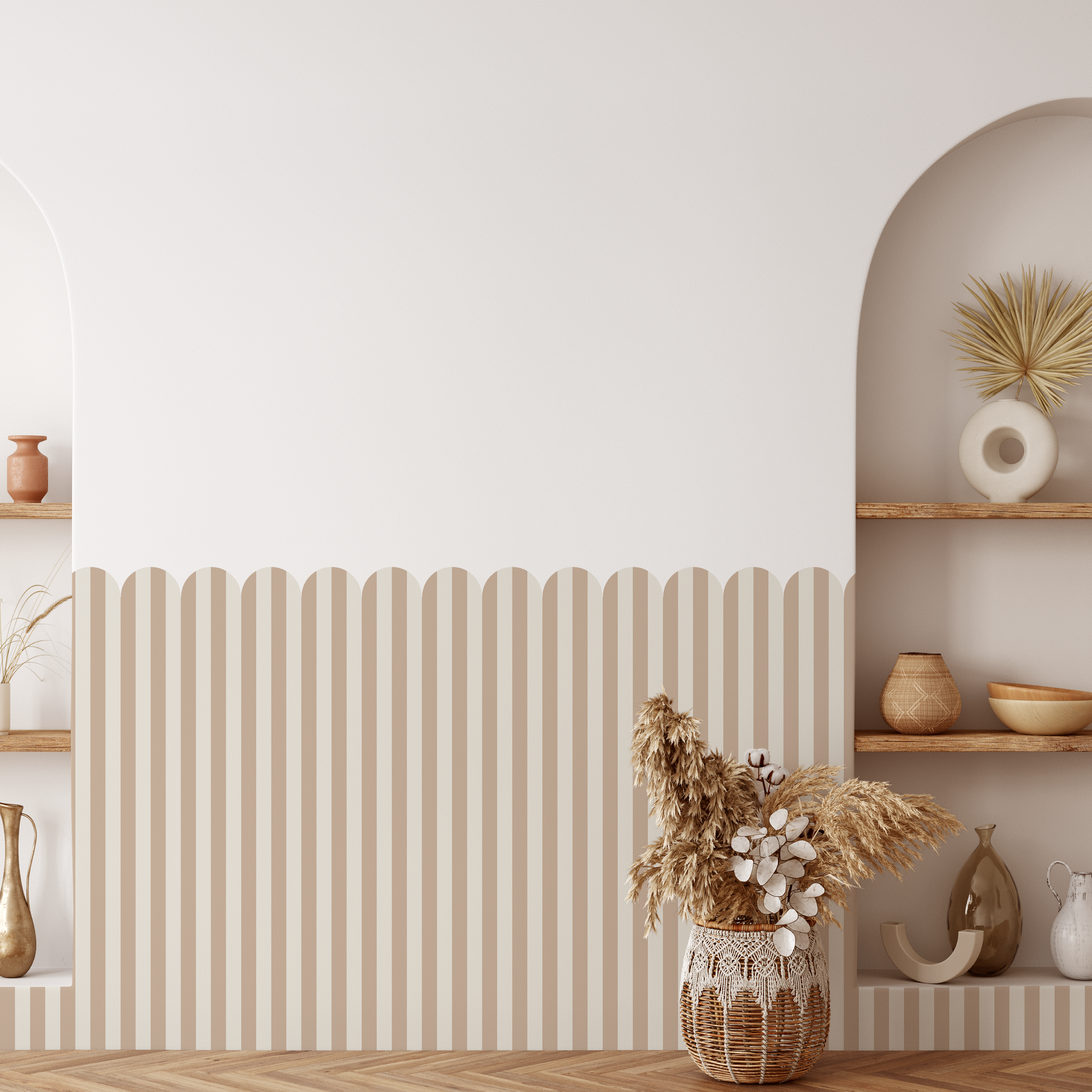 Neutral striped scallop wall panels styled in modern boho living room decor.