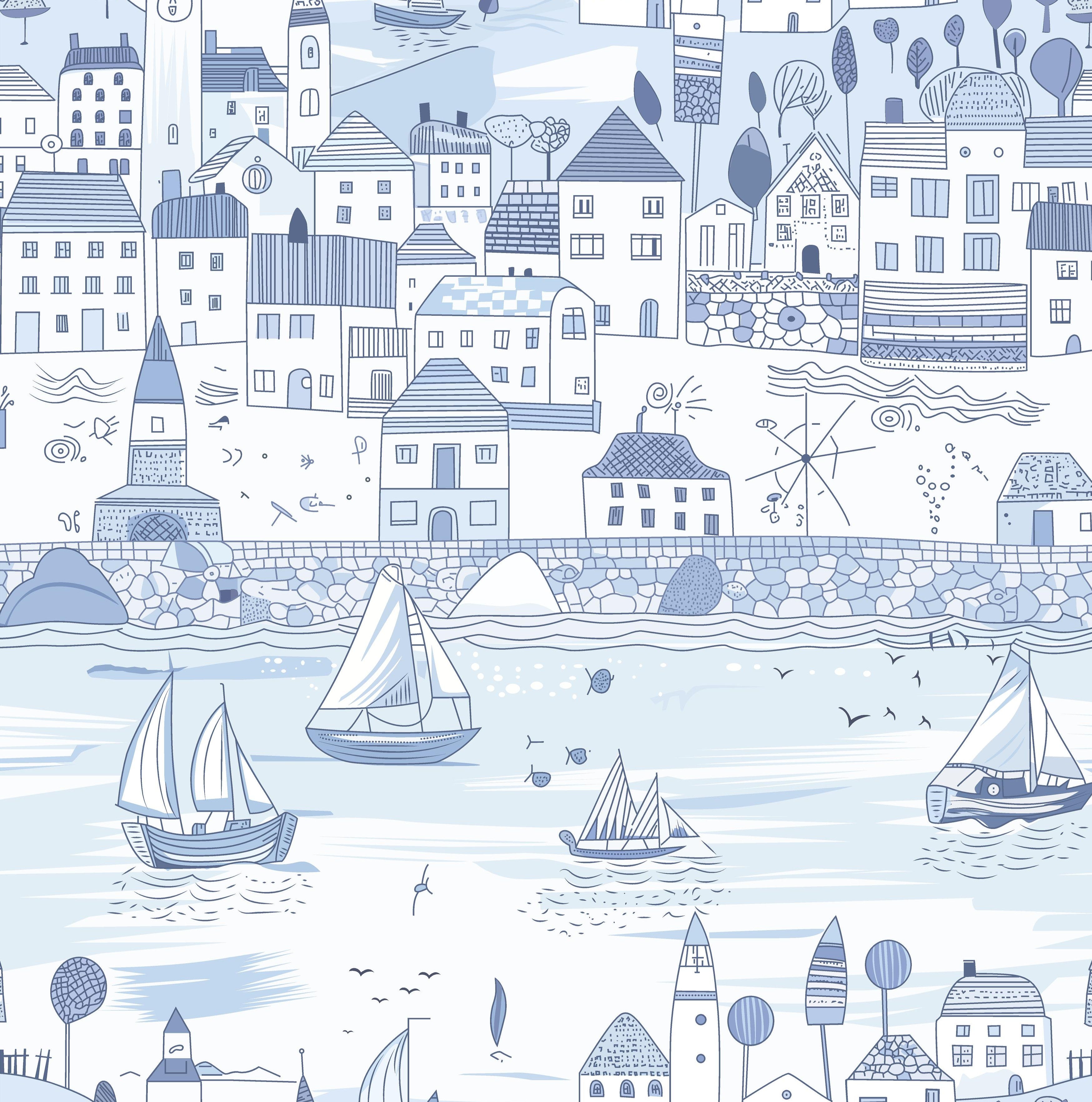 Sample sheet of Sunlit Waterways wallpaper showing detailed seaside houses and boats in pale blue tones