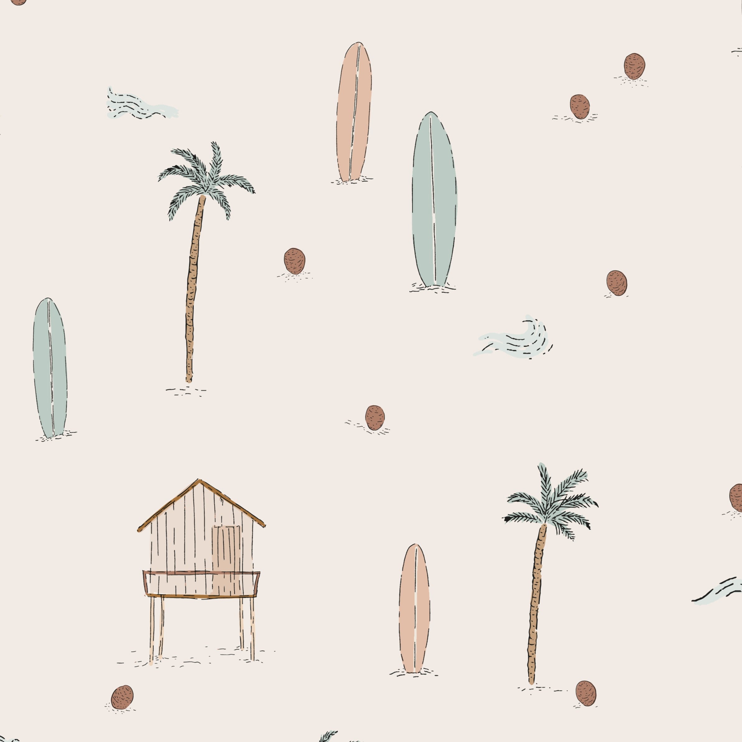 Surf & Sand wallpaper pattern featuring palm trees, surfboards, beach huts and coconuts on a neutral background