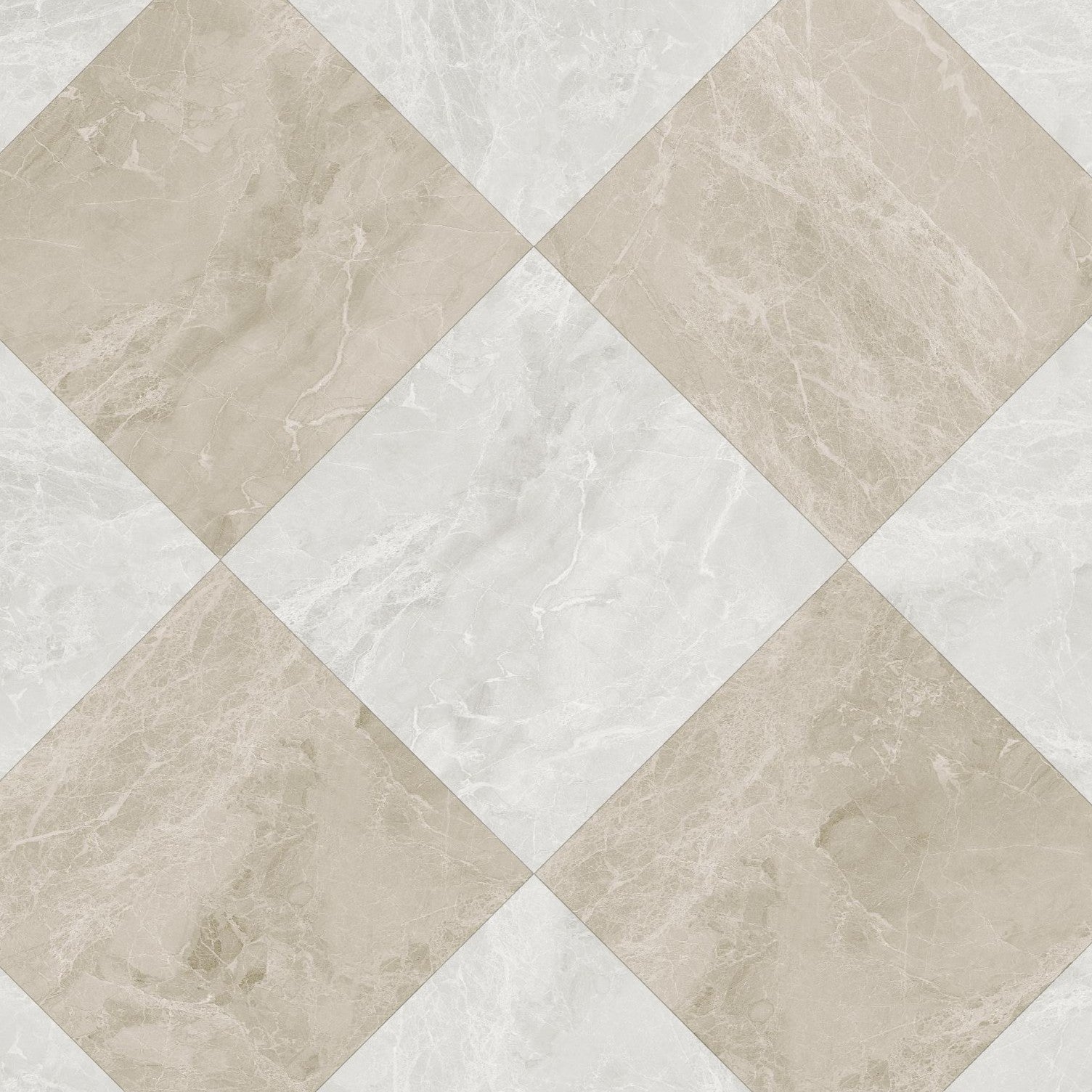 Close-up of beige and ivory marble harlequin wallpaper featuring a classic diamond tile pattern