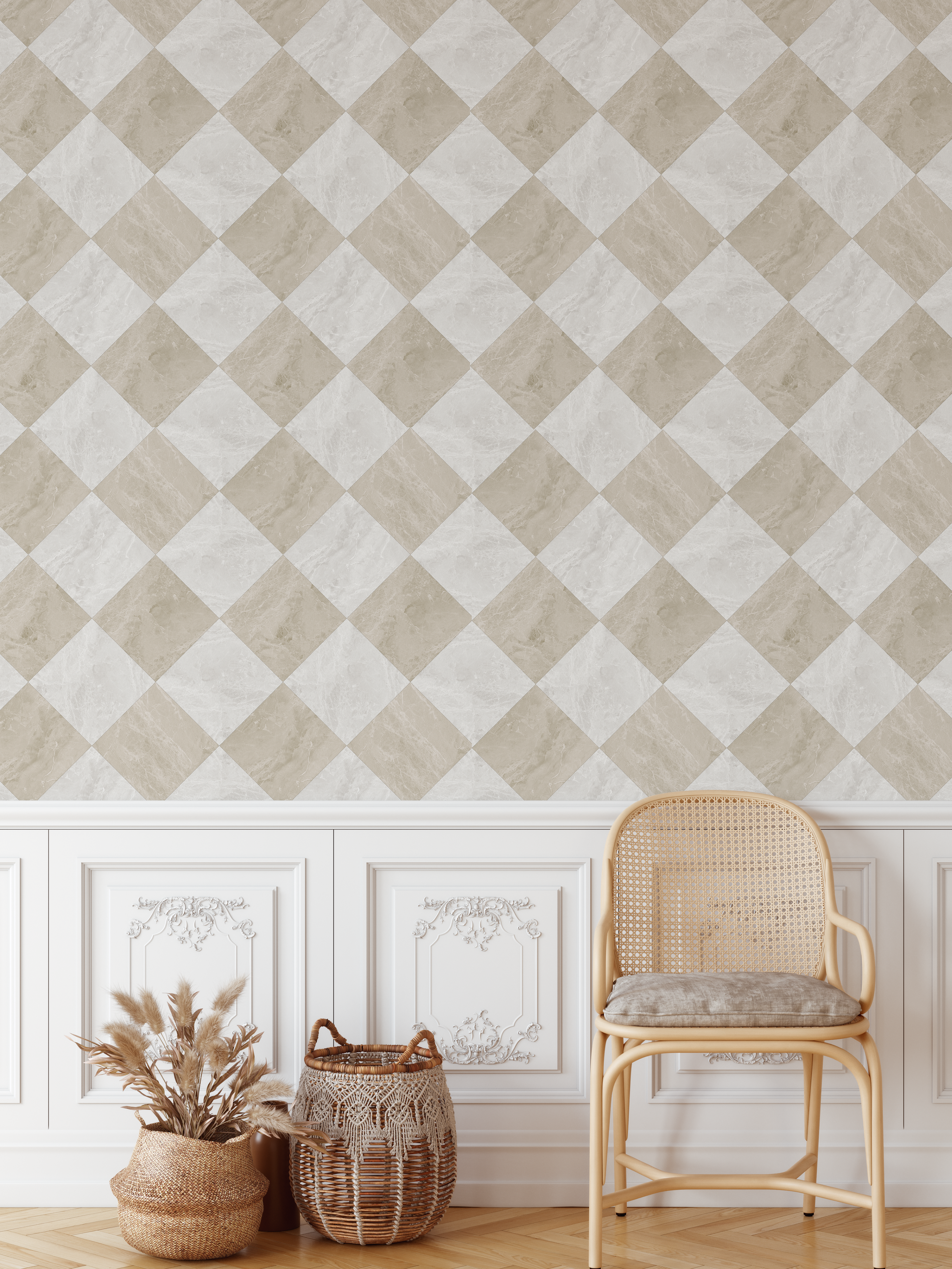 Neutral beige harlequin wallpaper installed above decorative wall moulding in a bright French country room