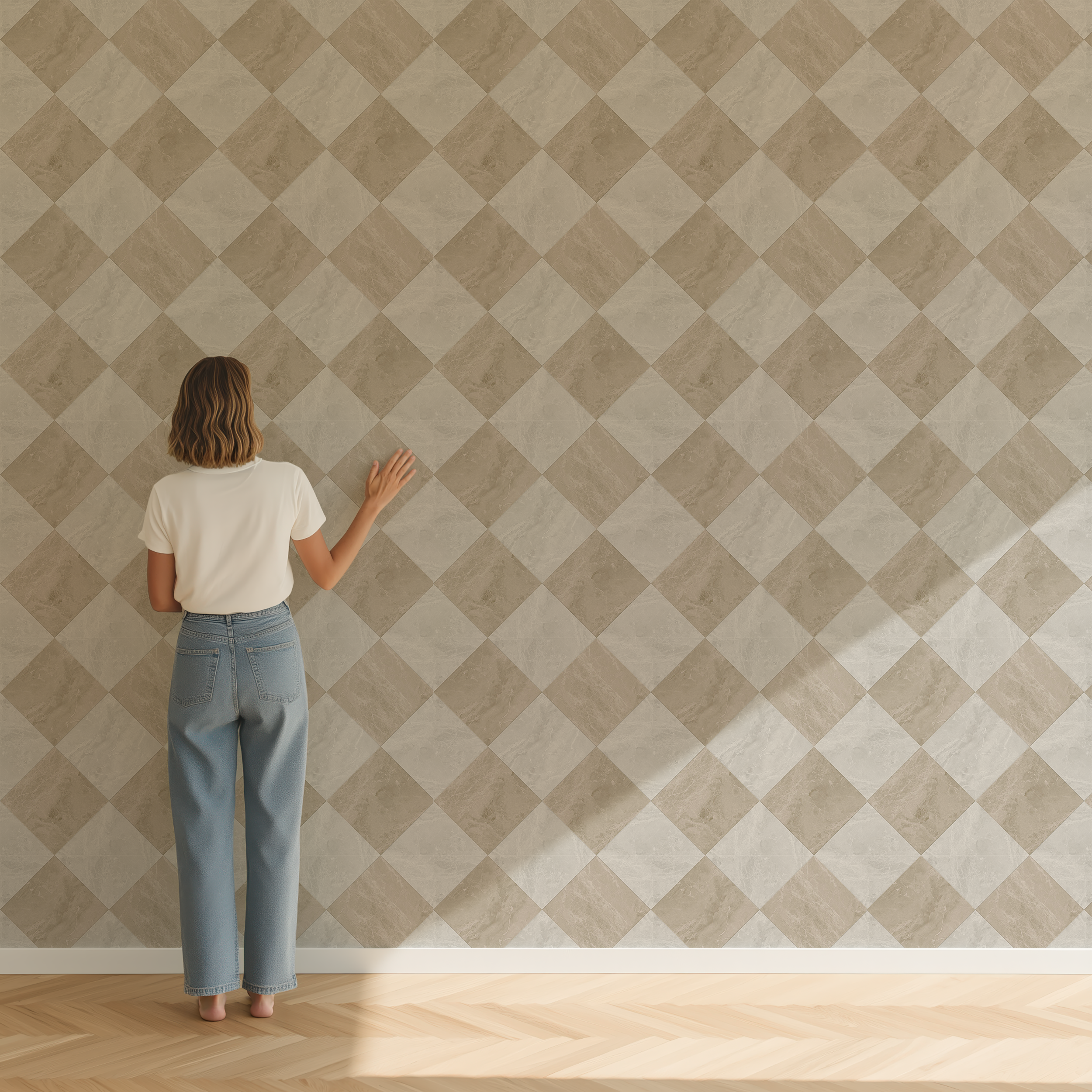 Beige harlequin tile wallpaper shown to scale with a person standing beside the wall