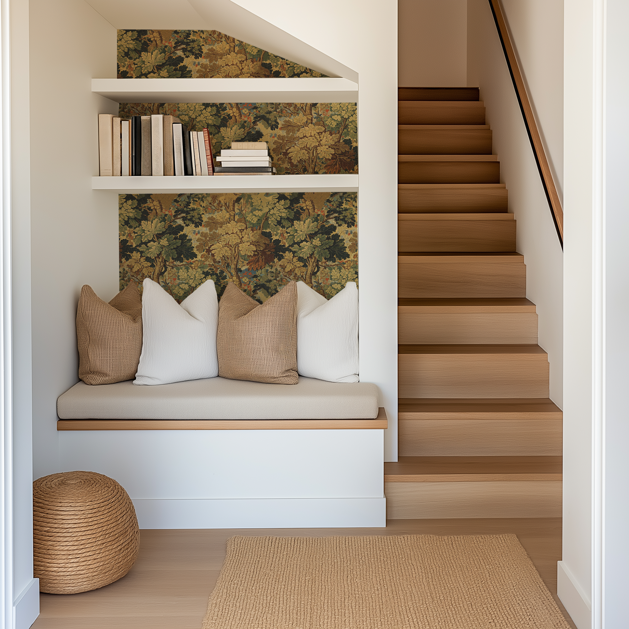 Vintage tapestry wallpaper styled behind a built-in reading nook with neutral pillows and wood stairs.