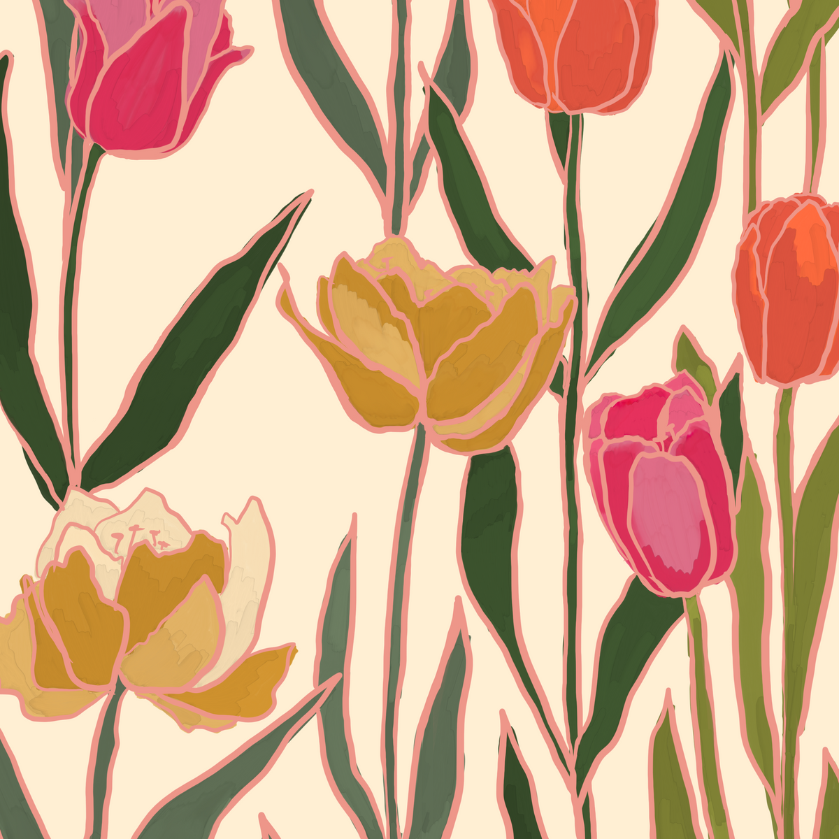 There's Sun in the Forecast Wallpaper sample with hand drawn pink, orange and golden yellow tulips on a warm cream background