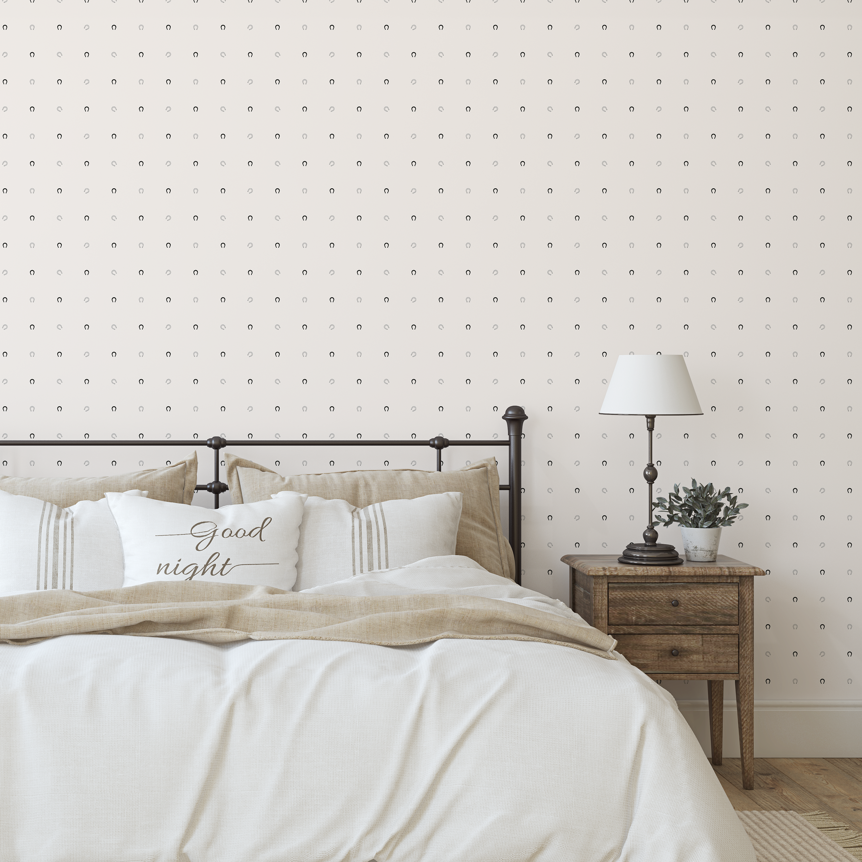 neutral western wallpaper with tiny horseshoe pattern in bedroom styling
