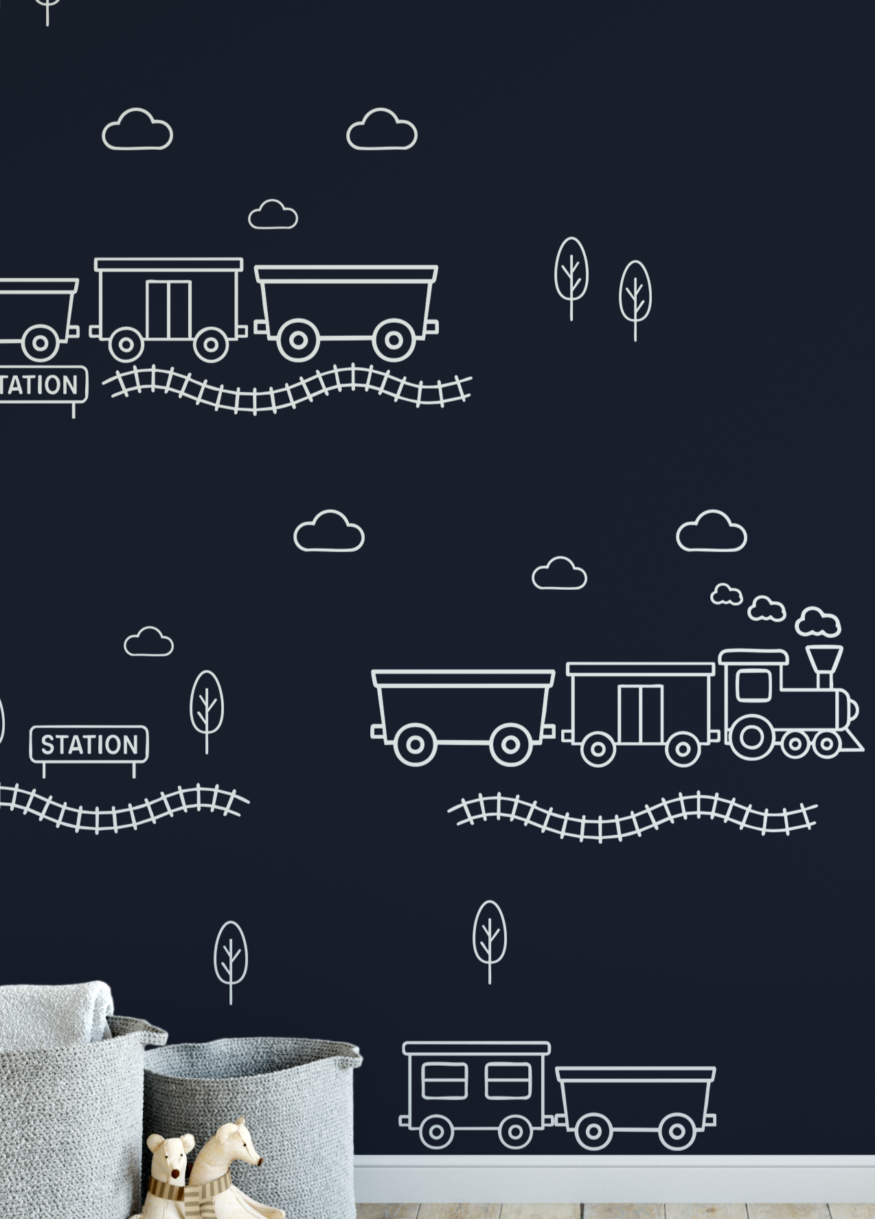 Dark navy wall with white outline train decals, including tracks, train cars, clouds, and trees — modern kids room design