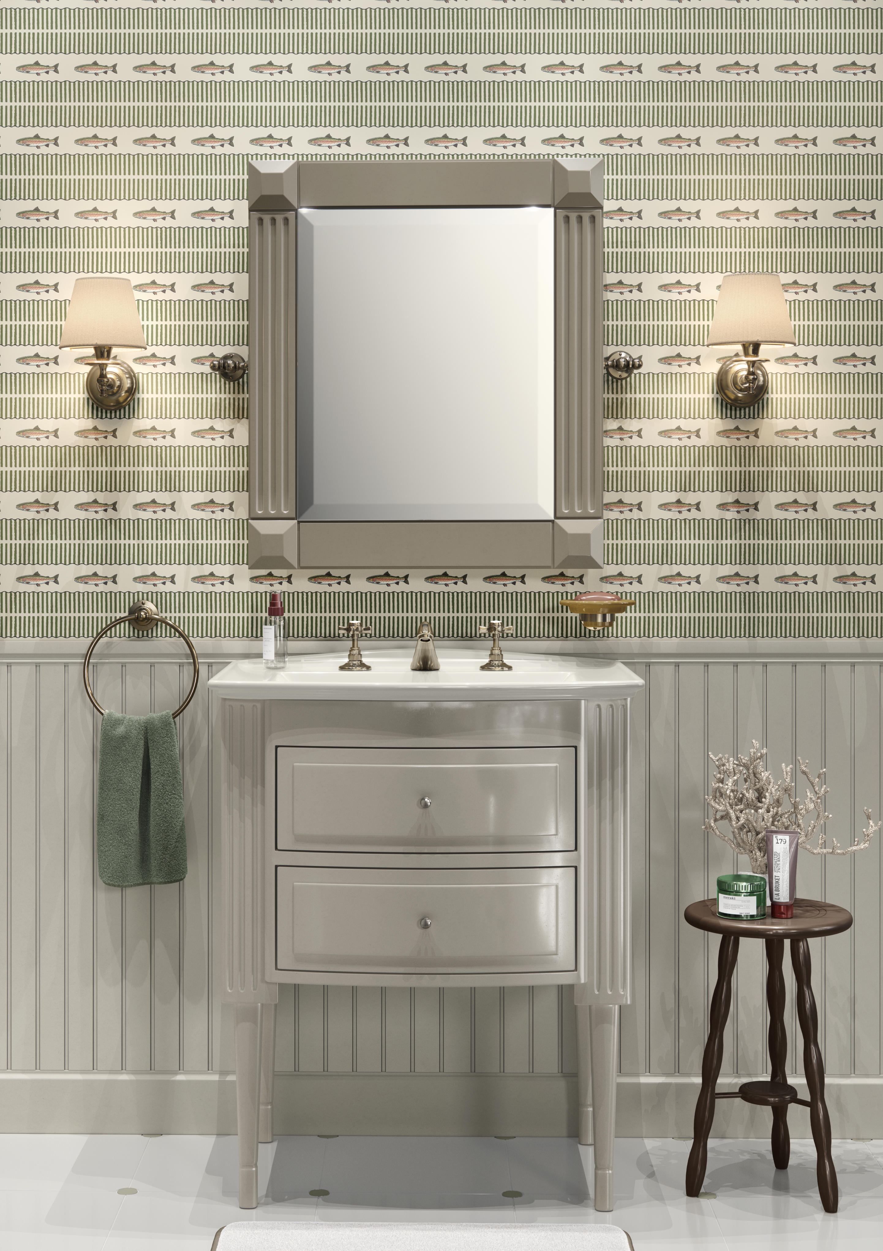 Trout stripe wallpaper in a traditional bathroom with beadboard wainscoting and brass fixtures