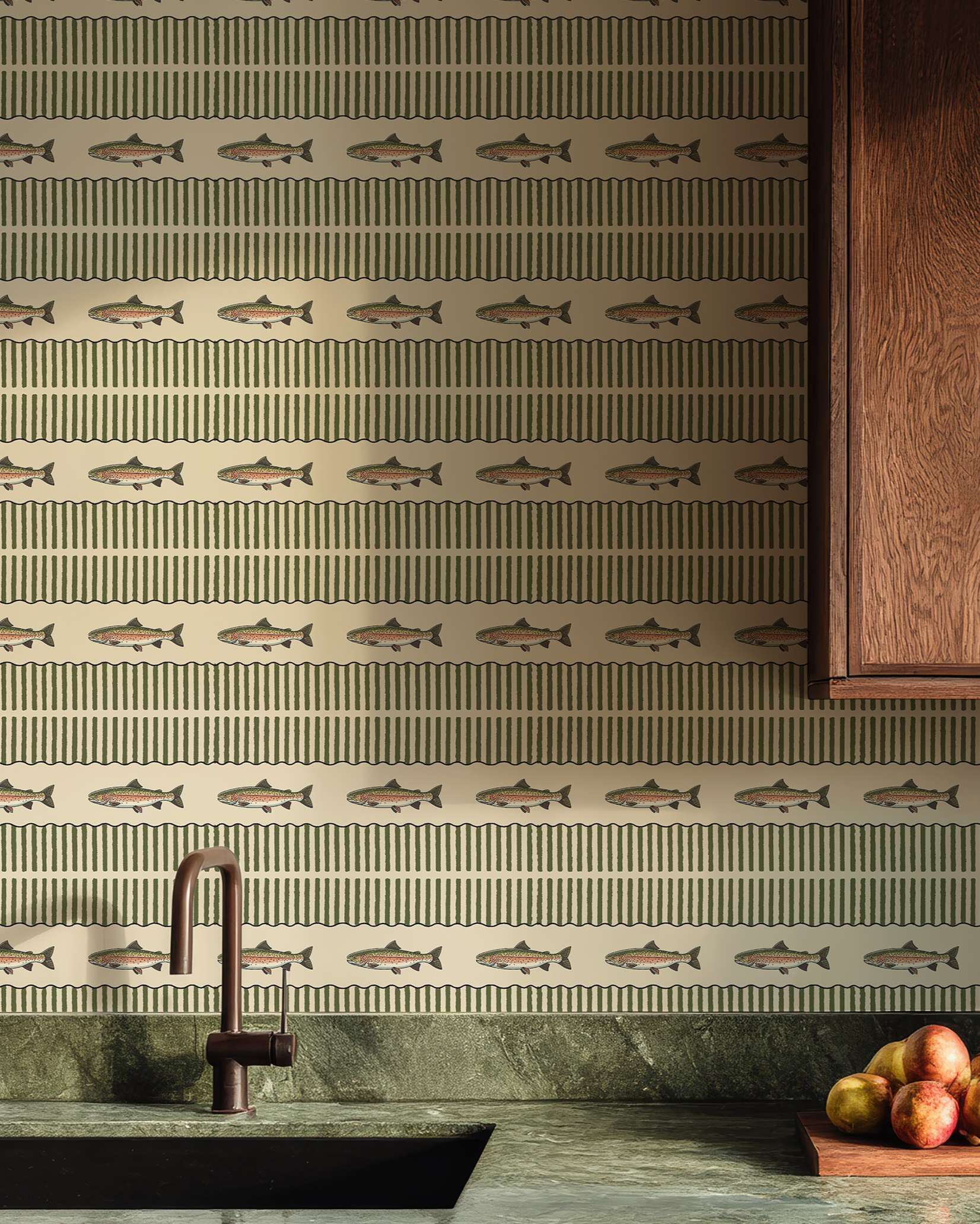 Kitchen with fish-patterned backsplash and wooden cabinet