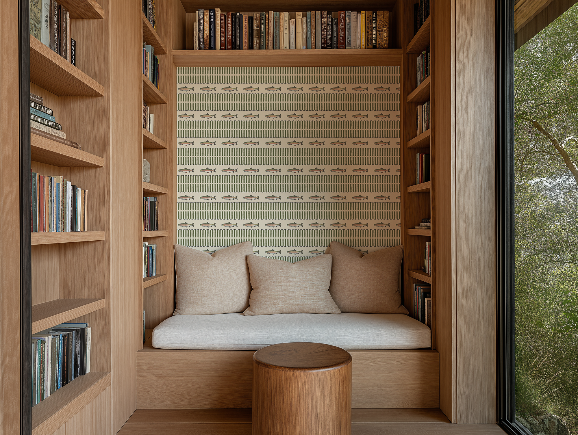 Trout stripe wallpaper installed in a cozy reading nook surrounded by wood bookshelves