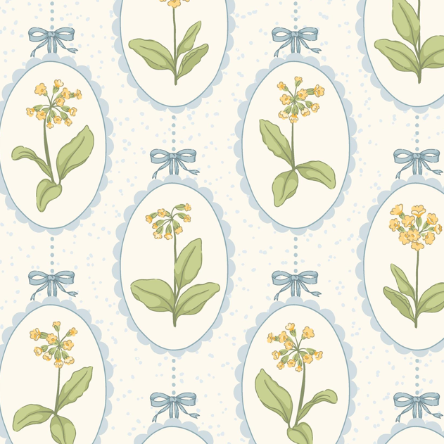 Close-up of Victorian Yellow Flower Wallpaper Pattern – repeating yellow primrose flowers in blue-framed ovals with blue ribbon bows, vintage wallpaper design
