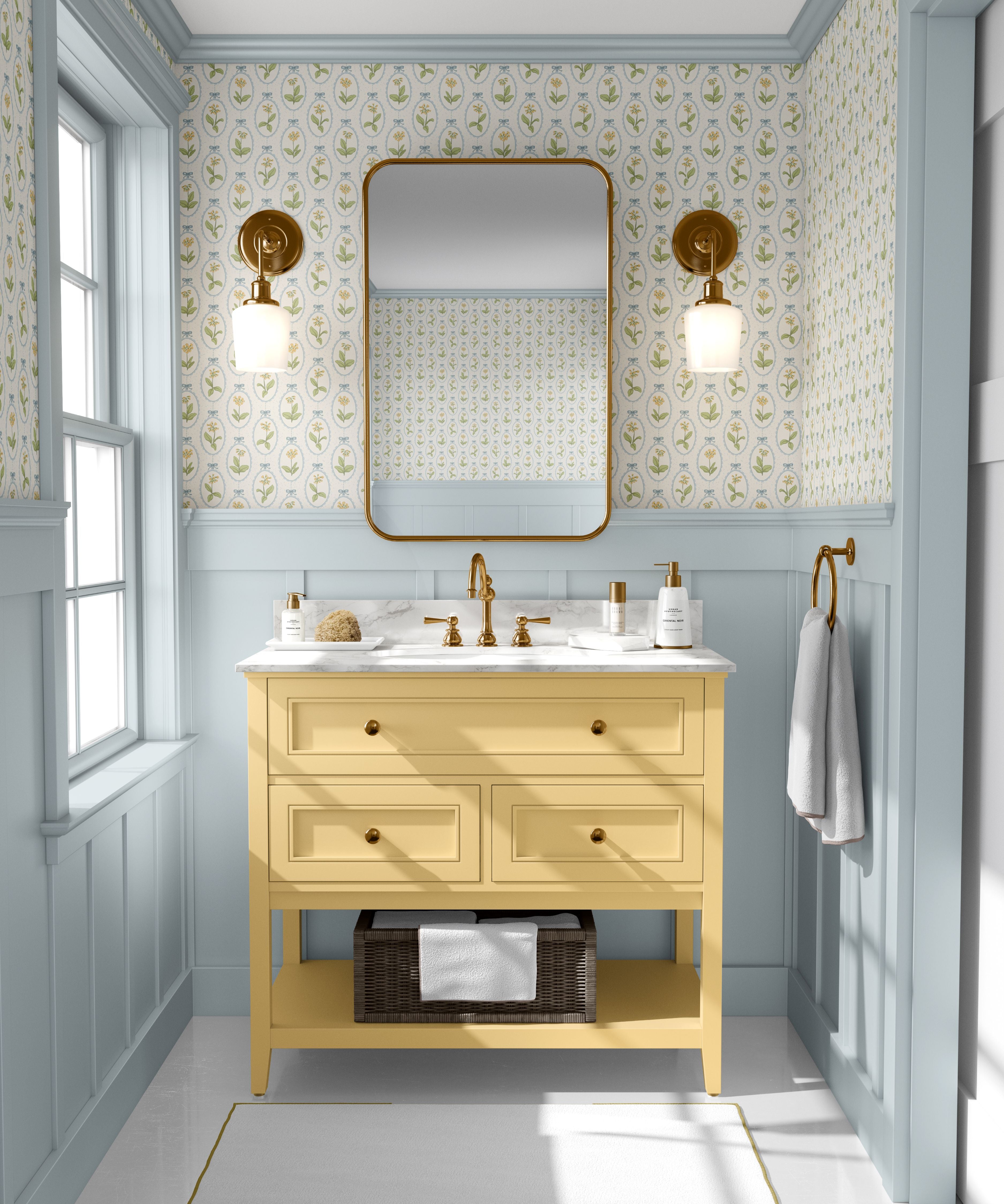 Victorian Yellow Floral Wallpaper in Blue Paneled Bathroom – vintage floral wallpaper in a blue and yellow bathroom