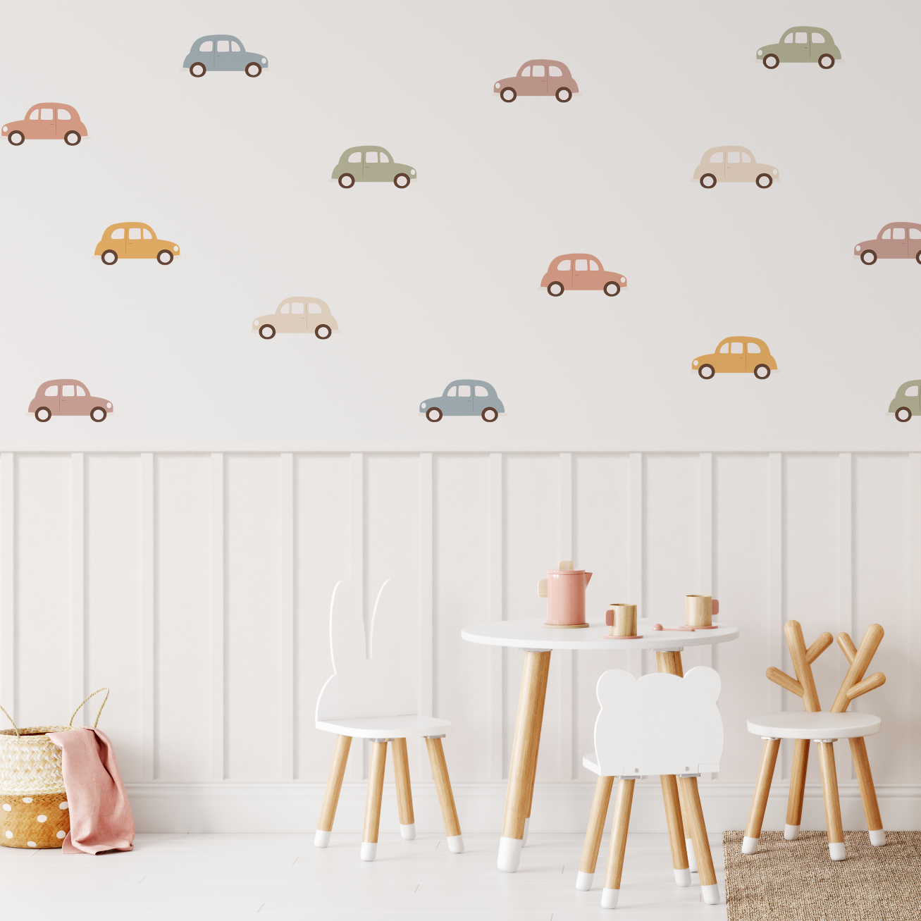 Vintage car wall decals above white board and batten in modern nursery with pastel retro cruiser wall stickers