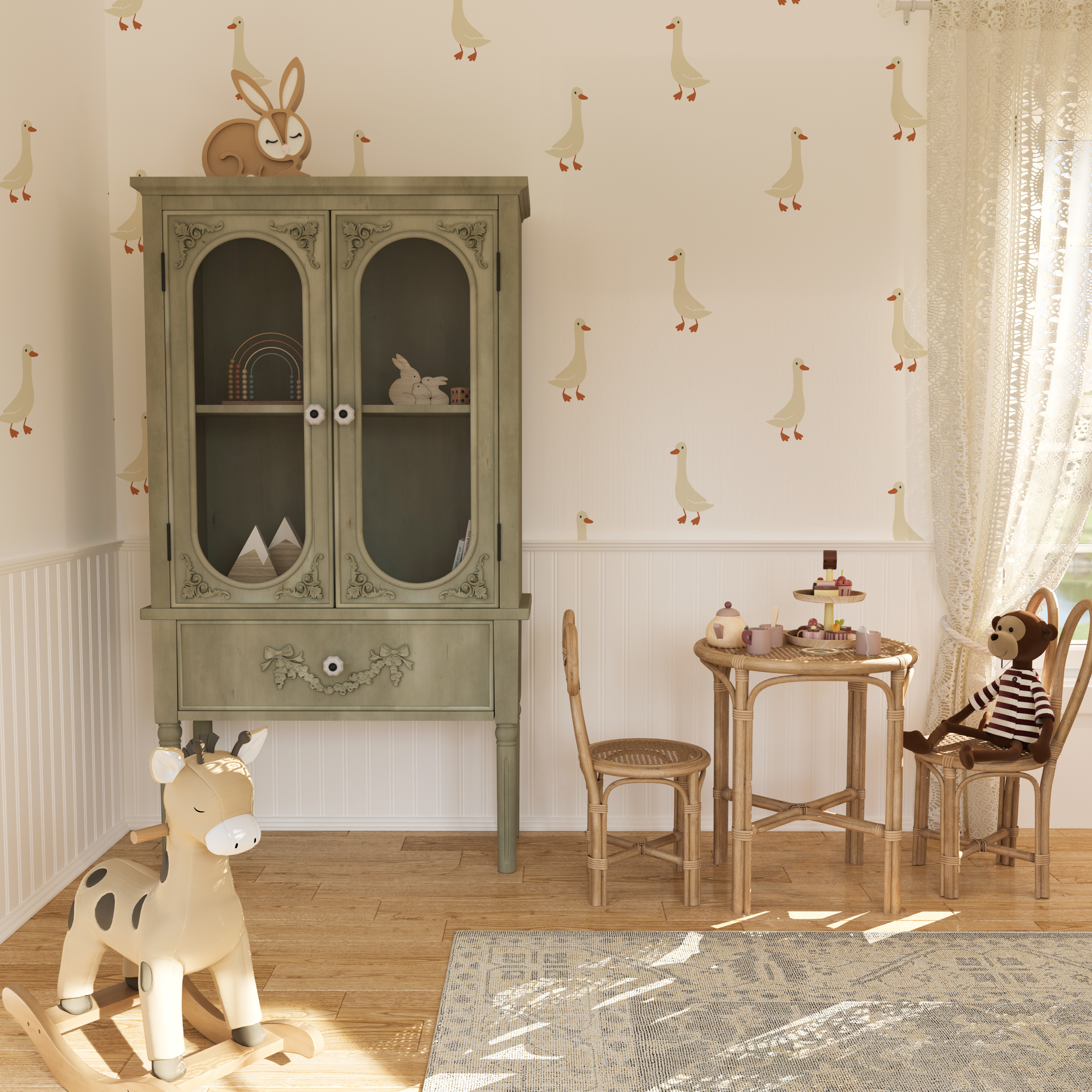 Goose wall stickers in vintage playroom with green cabinet, lace curtains, and kids’ tea table.