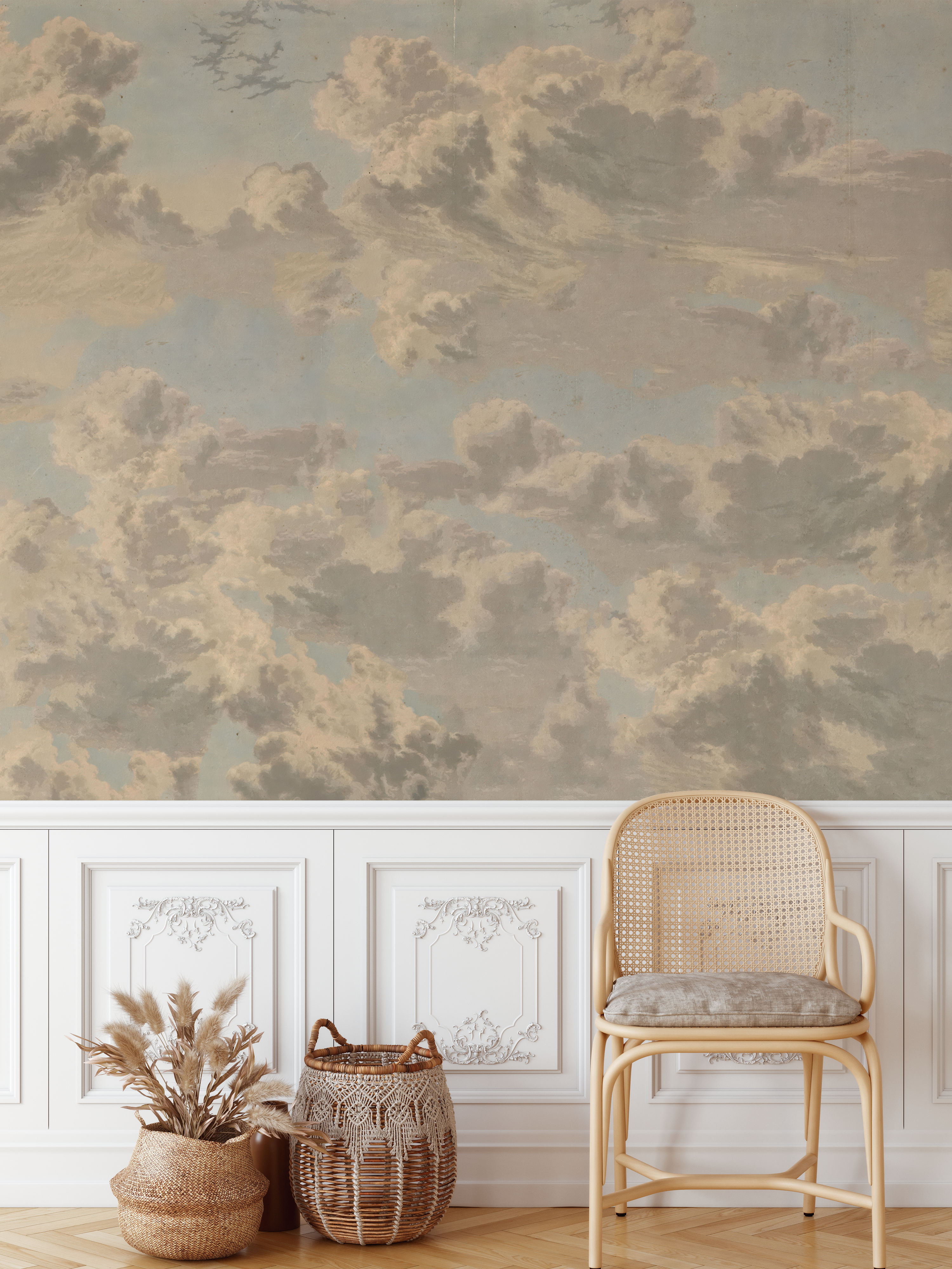 Vintage cloud mural styled above decorative wall moulding in a traditional interior