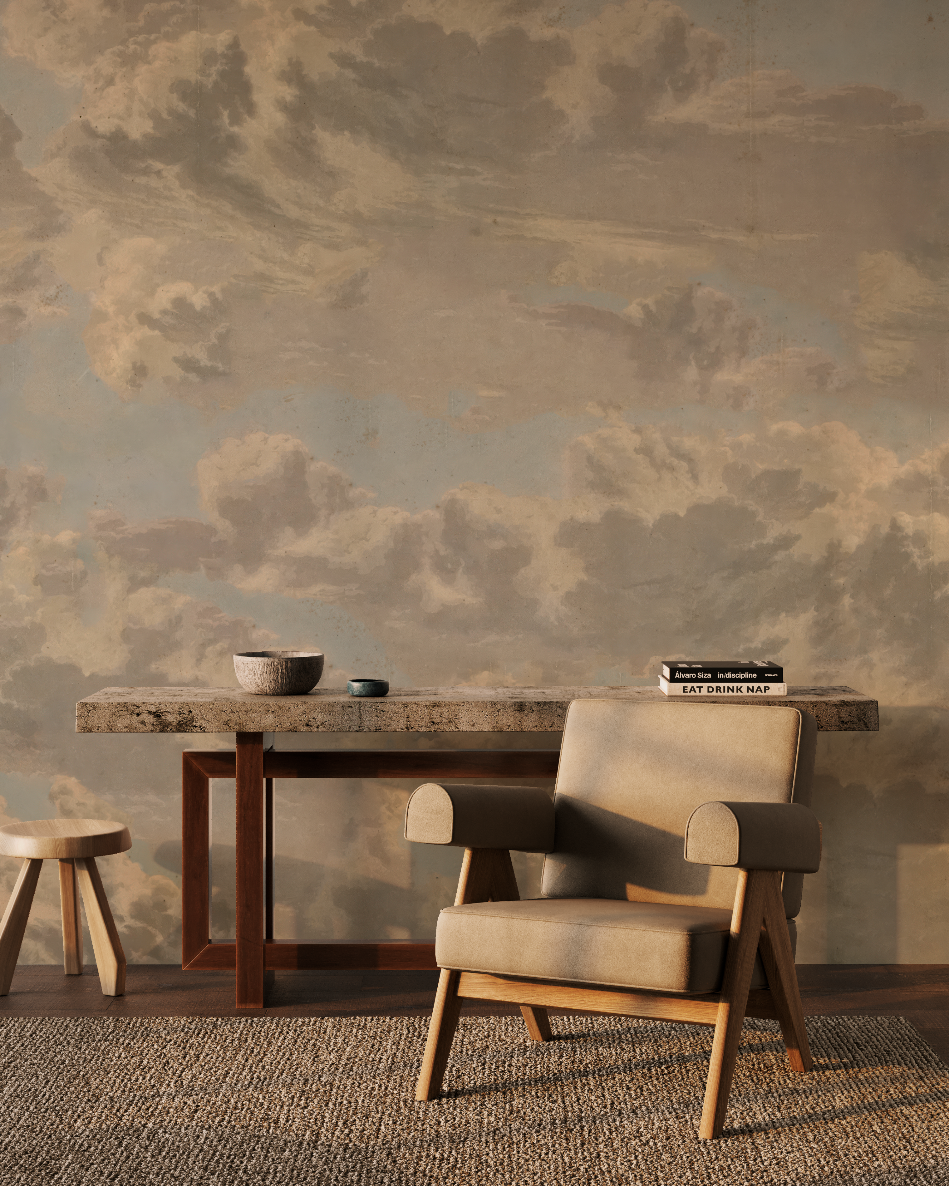Vintage cloud wall mural featuring antique-inspired skies above a modern desk and lounge chair
