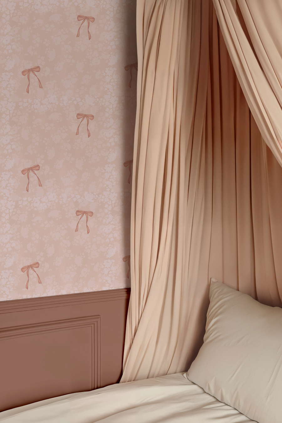 Elegant blush bedroom wall with Pink Bow Vintage Wallpaper, draped canopy curtains, and mauve panel molding.