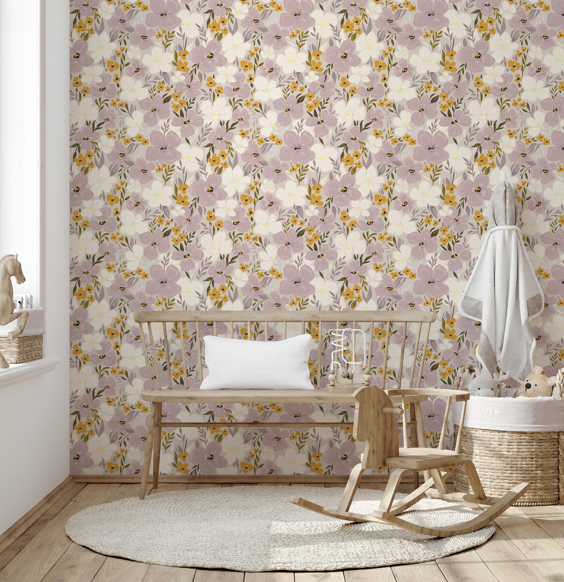 Viola Purple floral wallpaper used in a nursery with wooden bench seating and a small rocking chair