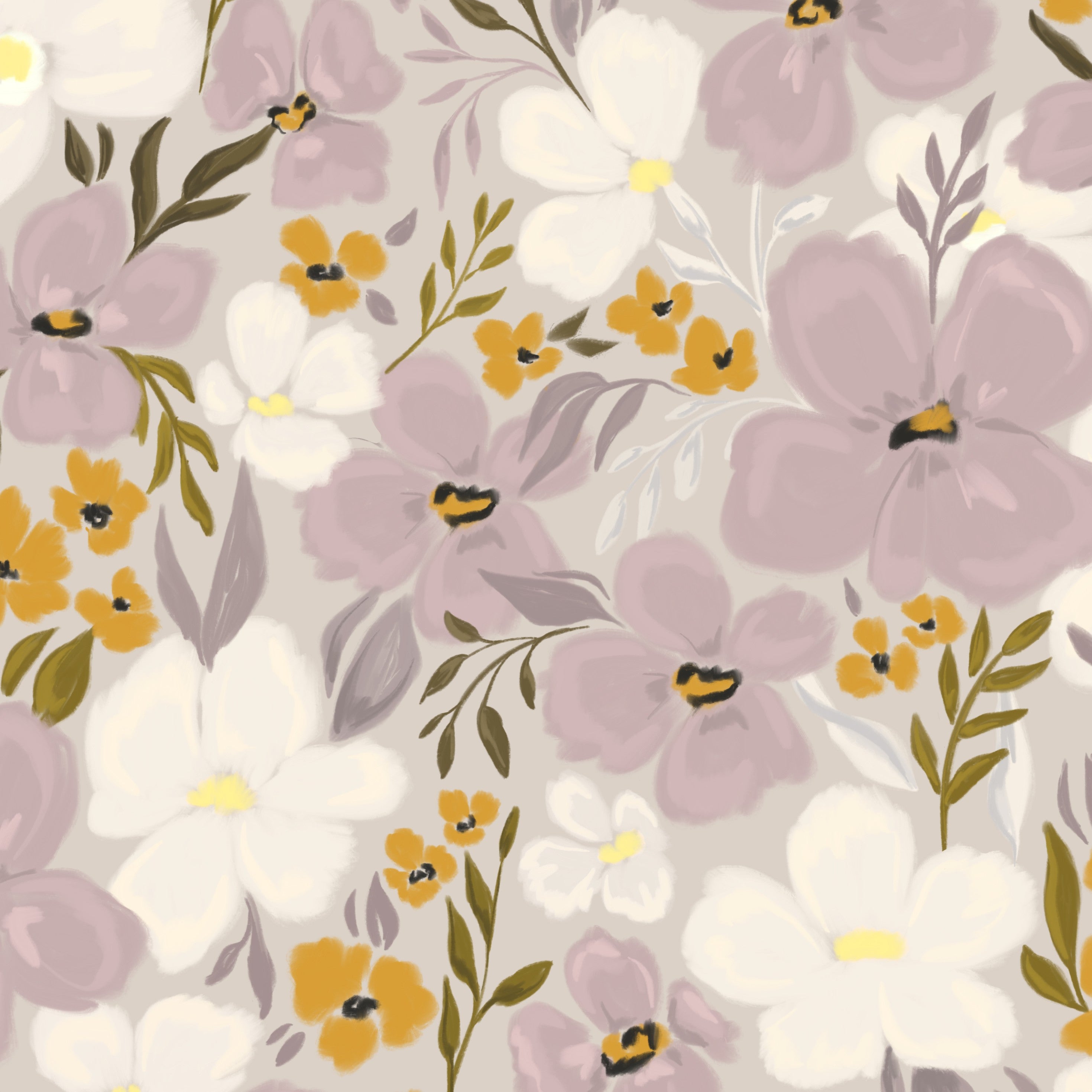 Floral pattern with purple, yellow, and white flowers on a light gray background