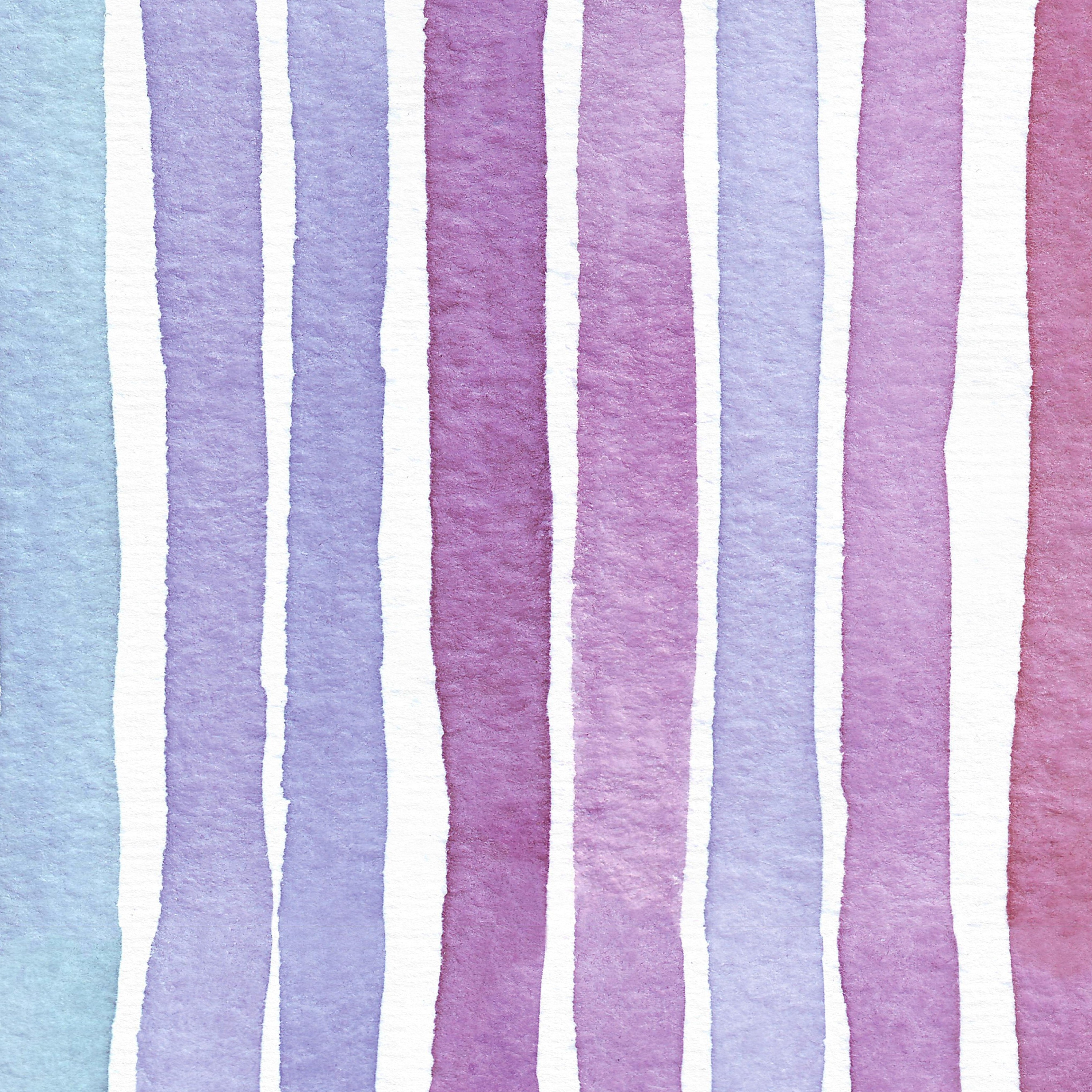 Watercolor rainbow stripe wallpaper sample with hand painted pastel blue, purple and pink vertical stripes on white background