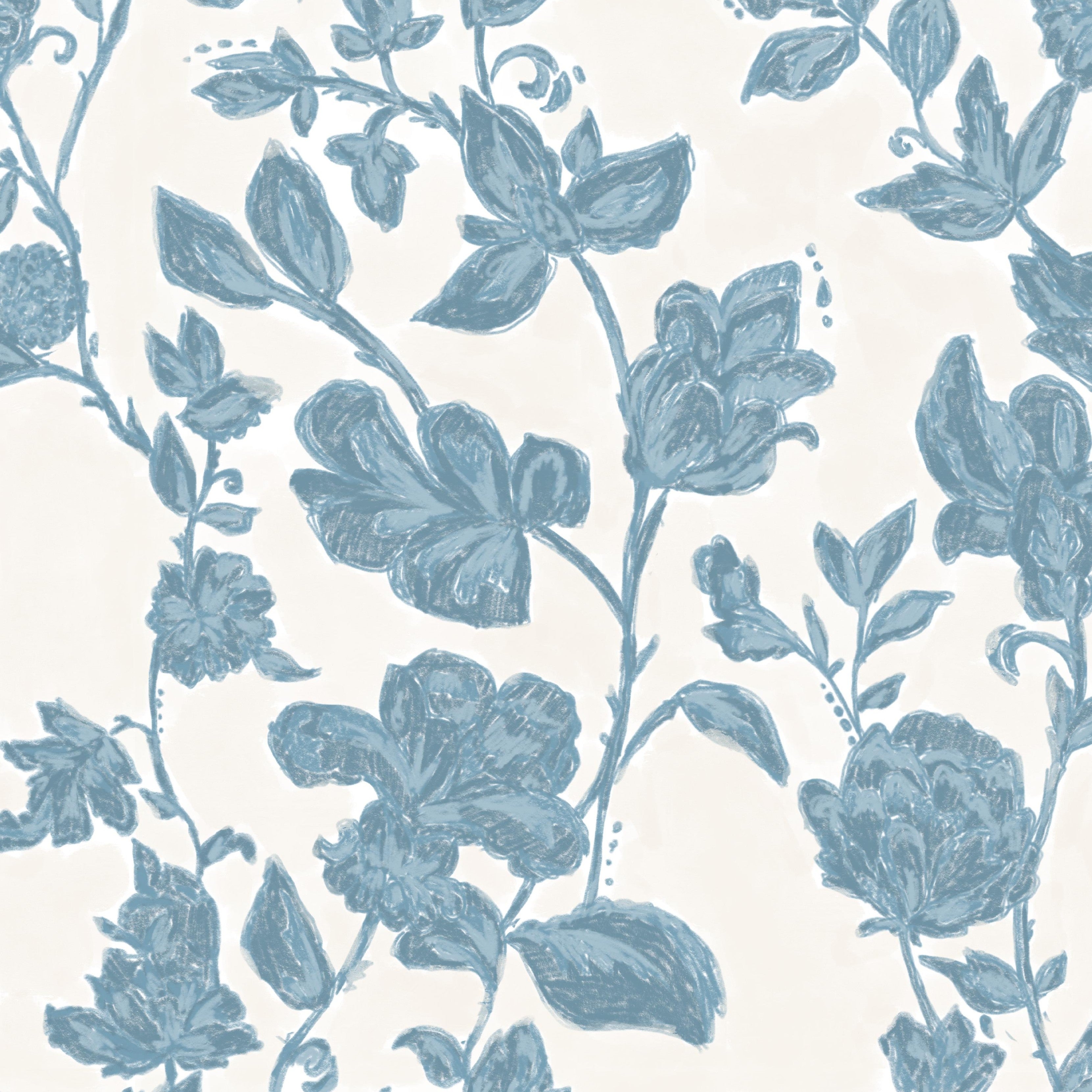 close up of wedgewood blue floral wallpaper showing hand drawn botanical pattern on soft neutral background